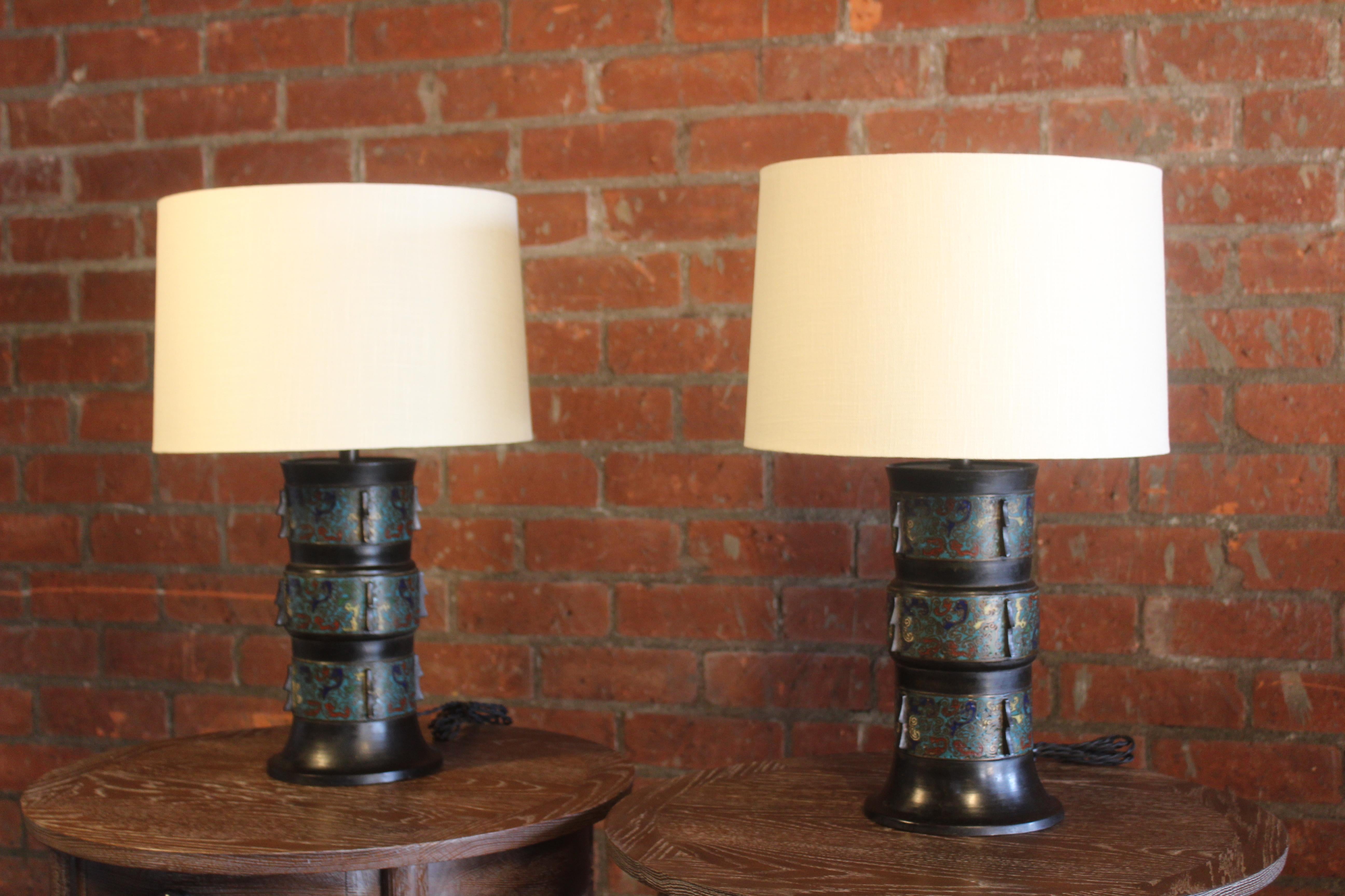Pair of 1920s Japanese Bronze Cloissone Table Lamps In Good Condition In Los Angeles, CA