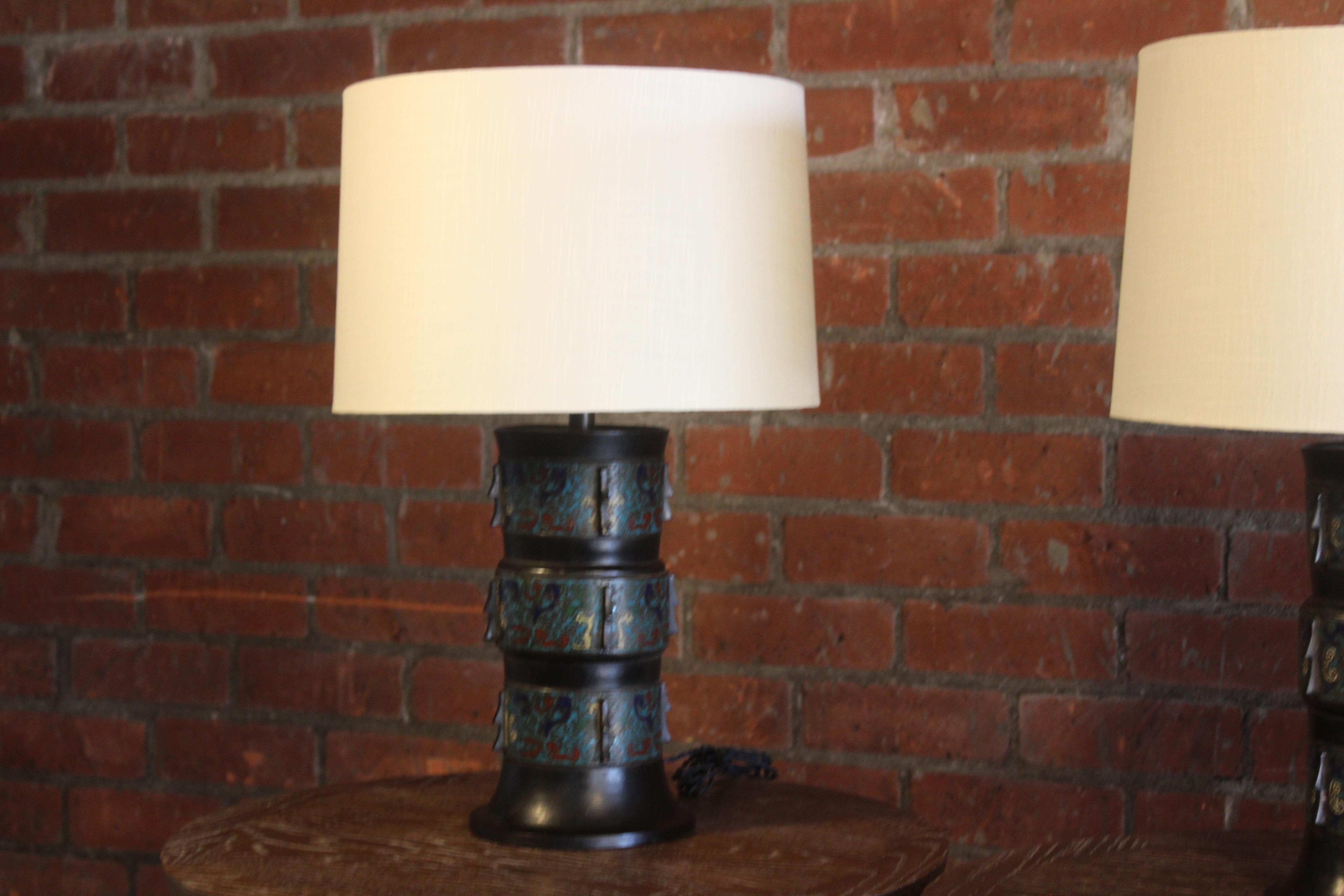 Pair of 1920s Japanese Bronze Cloissone Table Lamps 1
