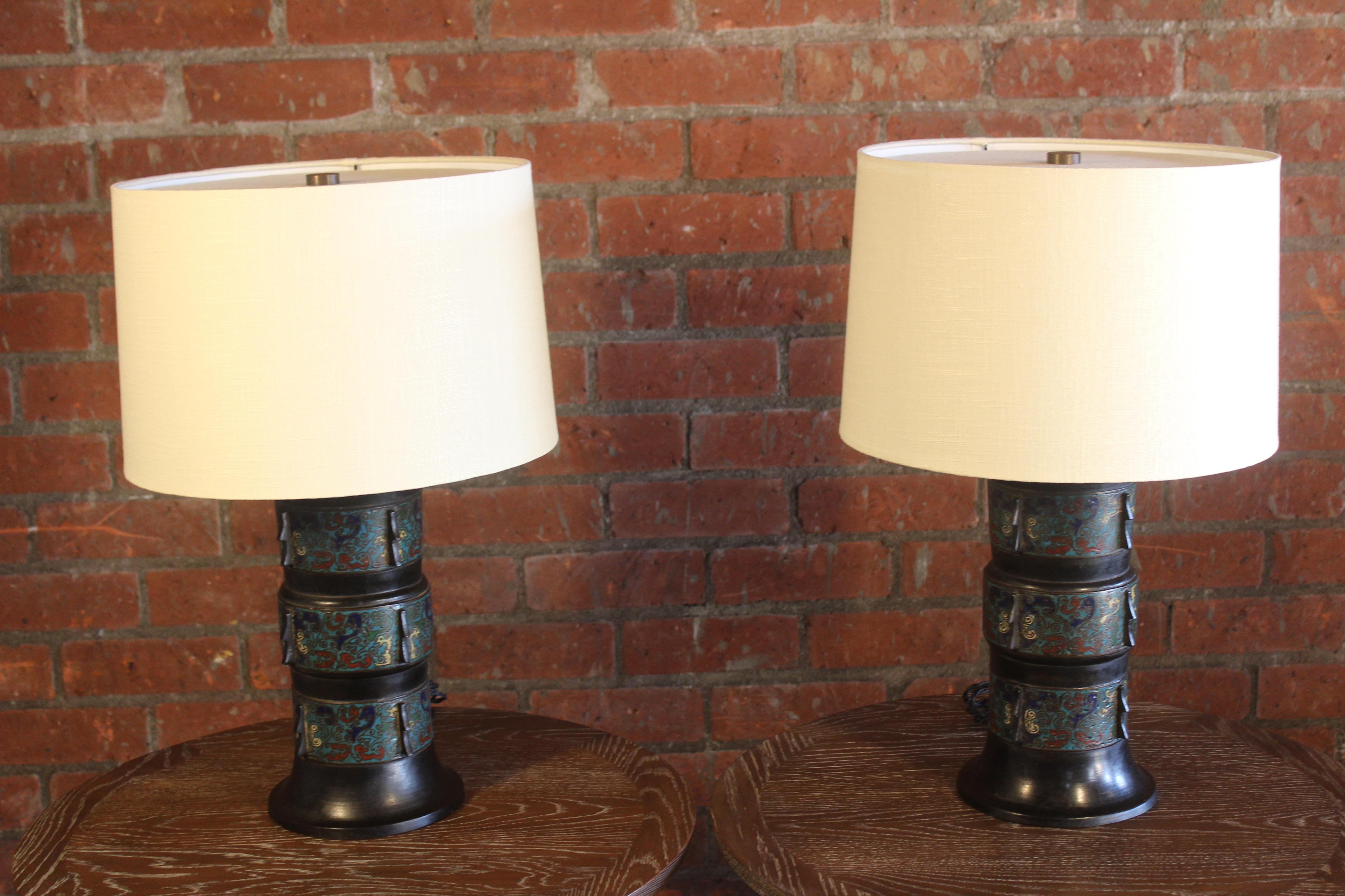 Pair of 1920s Japanese Bronze Cloissone Table Lamps 2