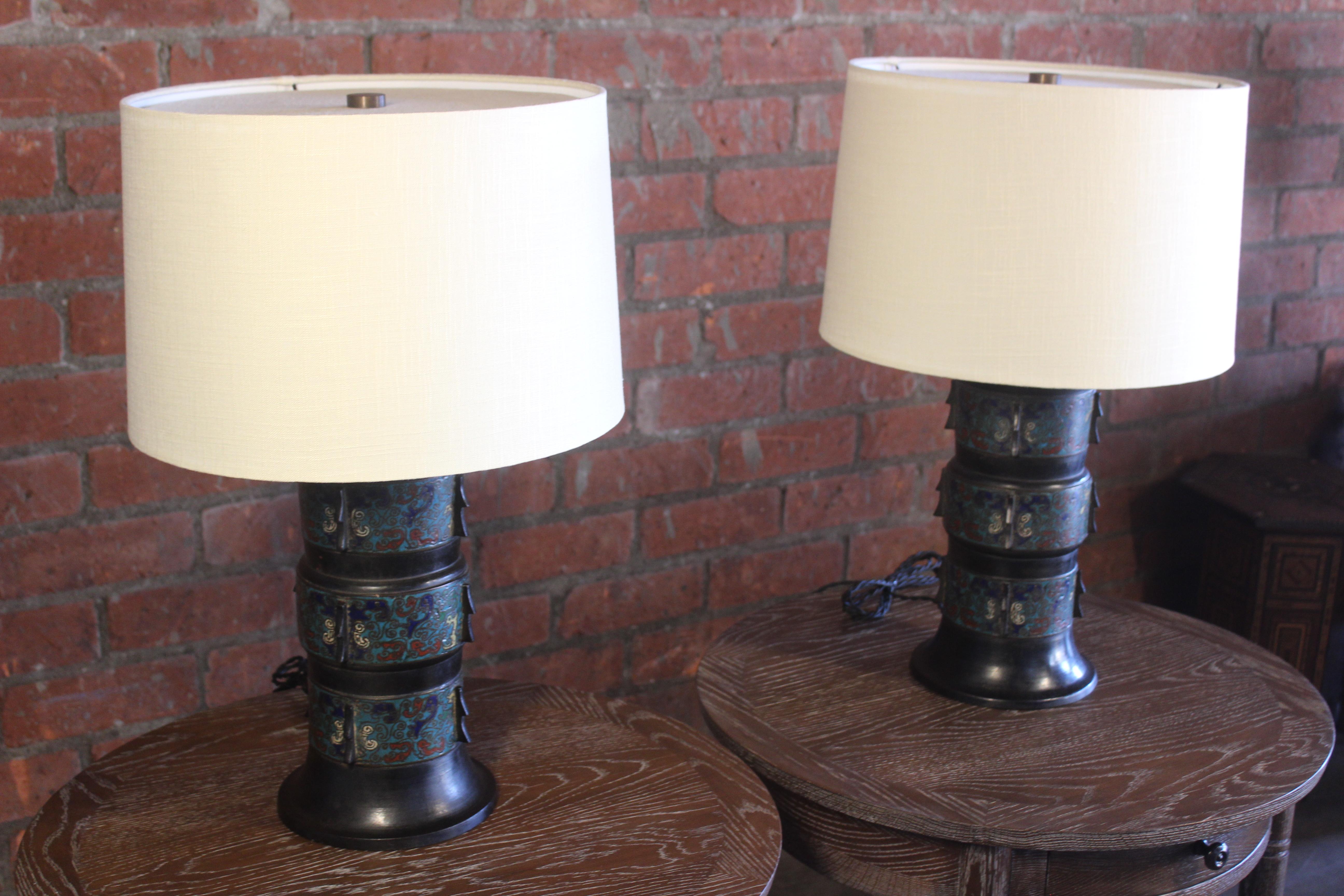 Pair of 1920s Japanese Bronze Cloissone Table Lamps 3