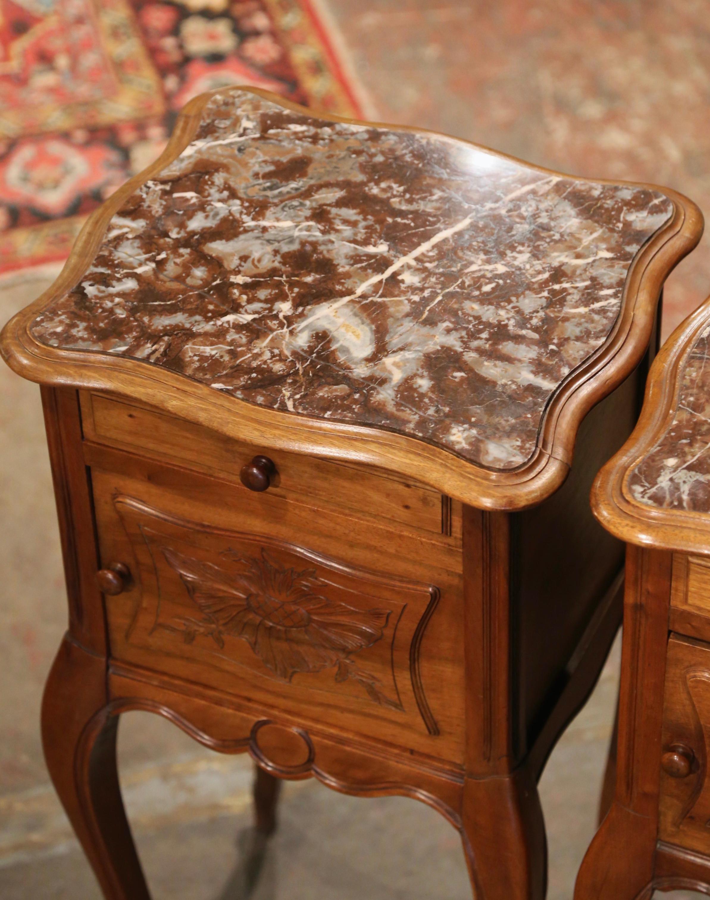Pair of 1920's Louis XV Marble Top Carved Walnut Nightstands Bedside Tables 4