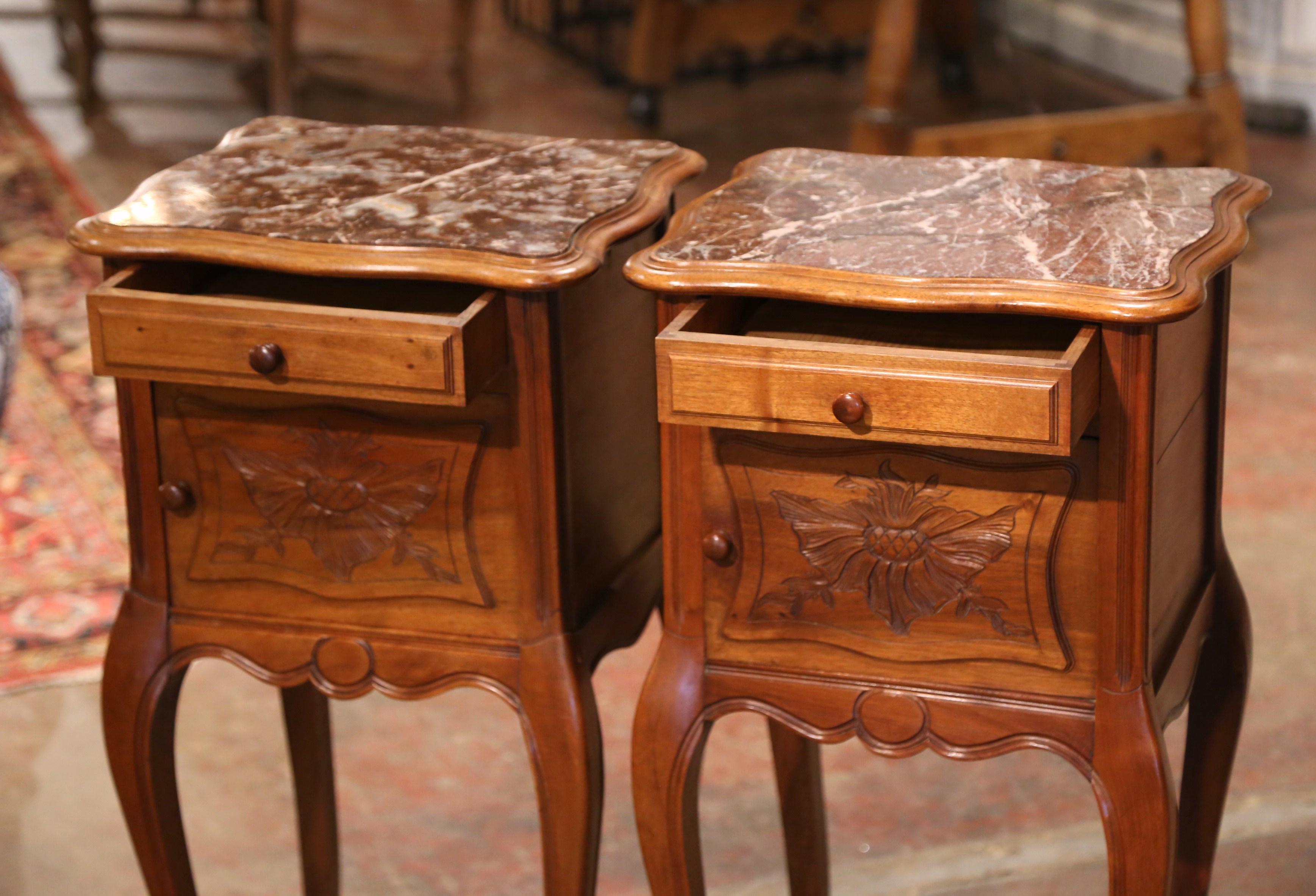 Pair of 1920's Louis XV Marble Top Carved Walnut Nightstands Bedside Tables 5