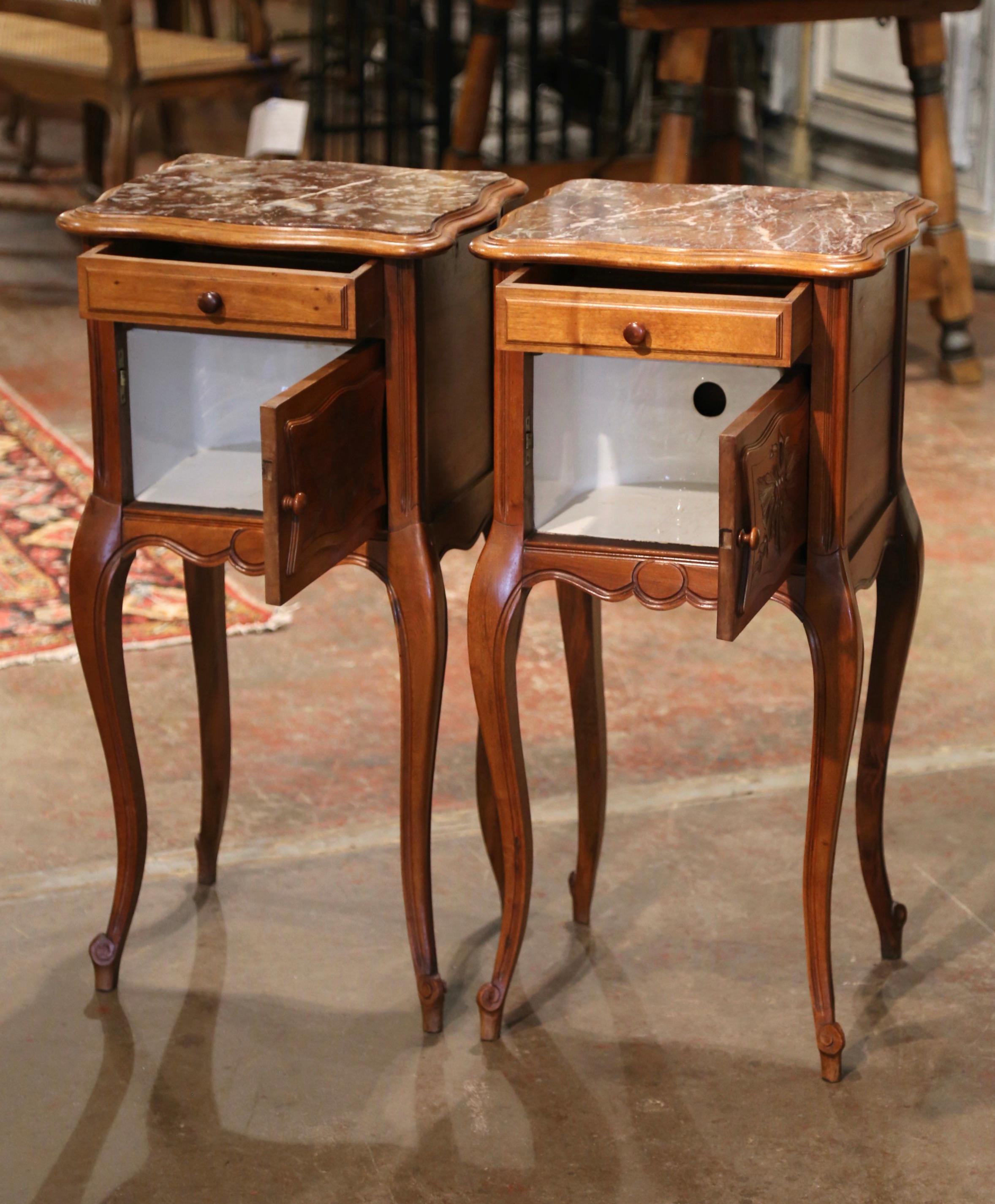 Pair of 1920's Louis XV Marble Top Carved Walnut Nightstands Bedside Tables 6