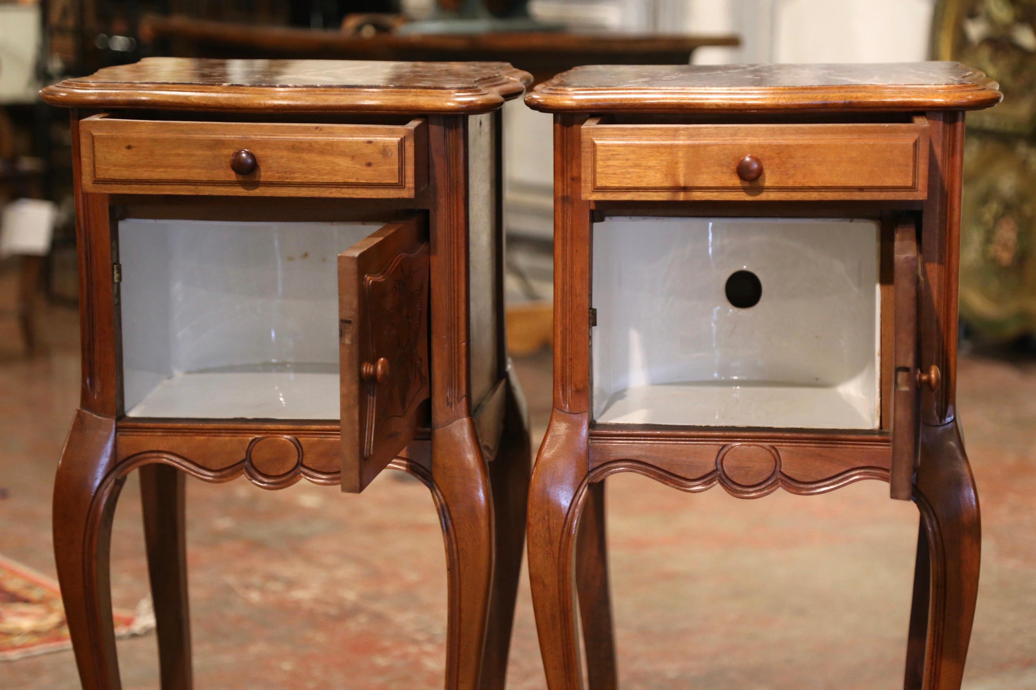 Pair of 1920's Louis XV Marble Top Carved Walnut Nightstands Bedside Tables 7