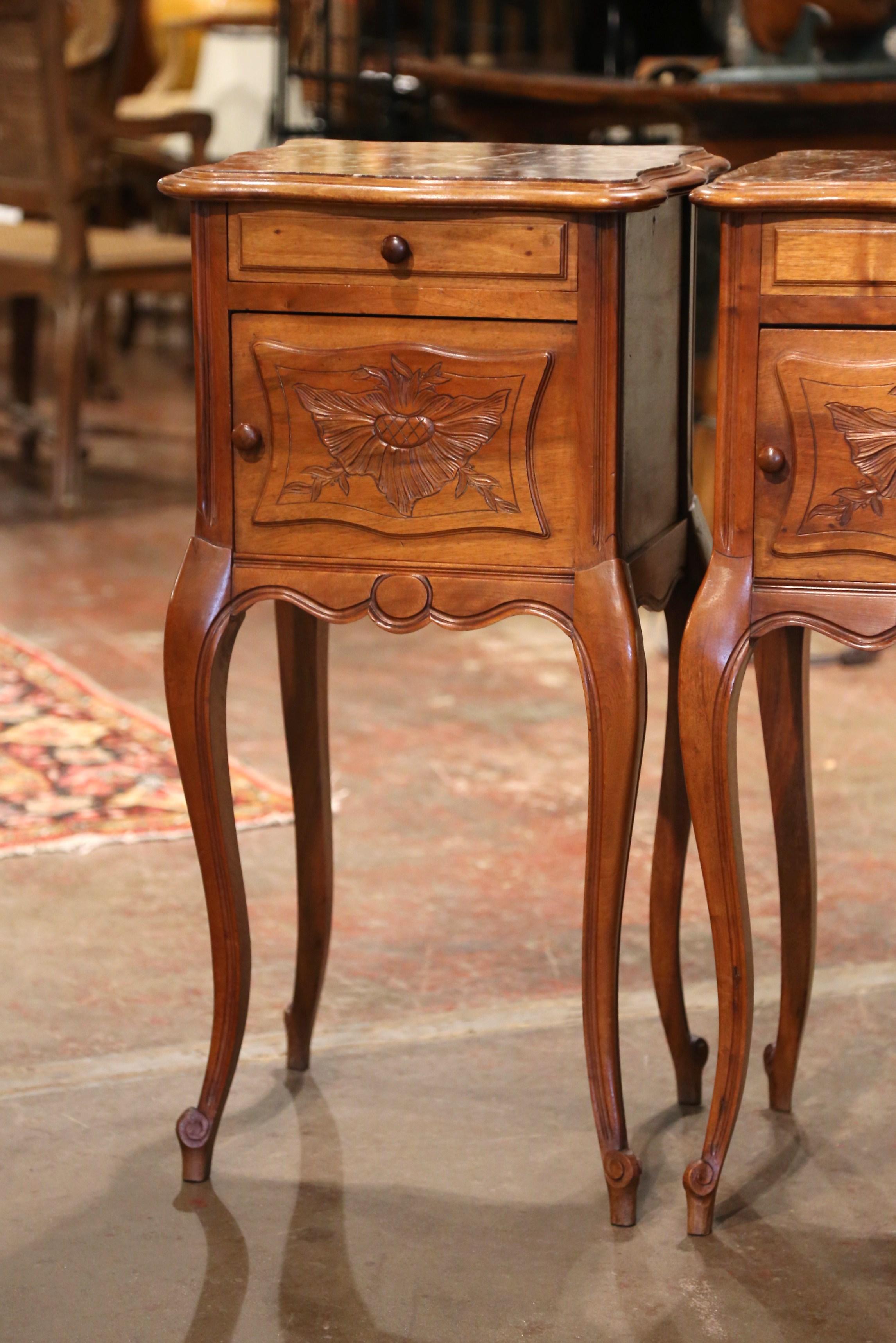 French Pair of 1920's Louis XV Marble Top Carved Walnut Nightstands Bedside Tables