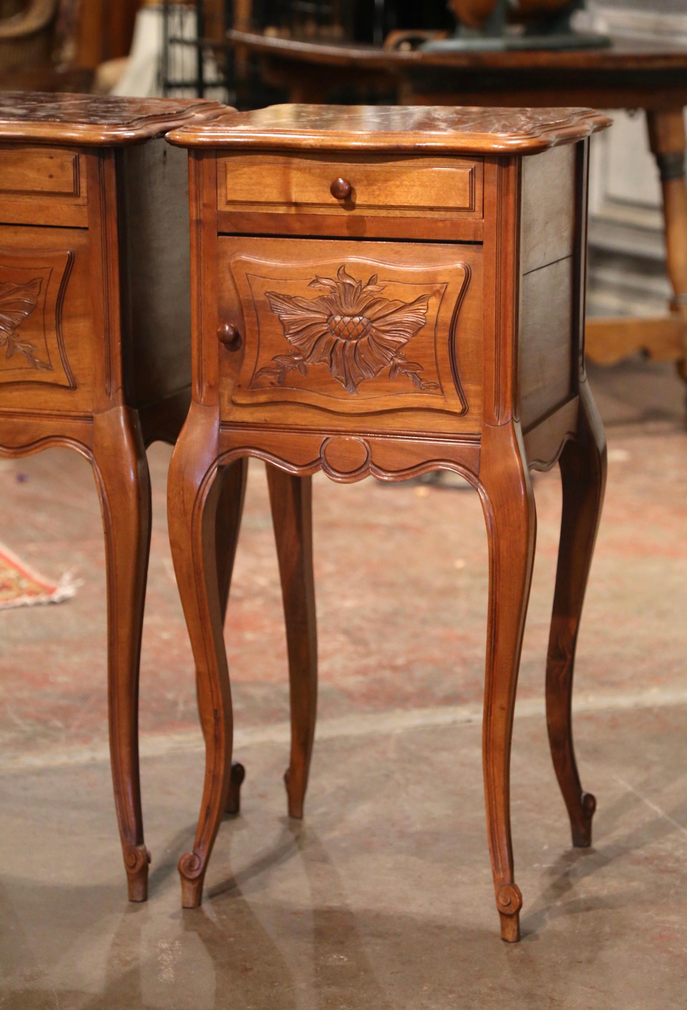 Hand-Carved Pair of 1920's Louis XV Marble Top Carved Walnut Nightstands Bedside Tables