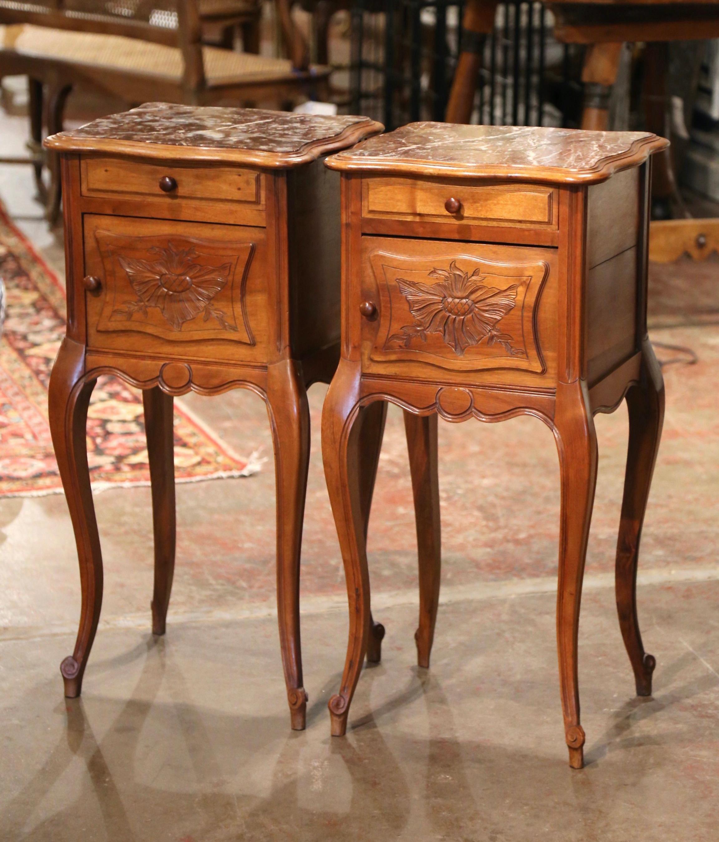 17th Century Pair of 1920's Louis XV Marble Top Carved Walnut Nightstands Bedside Tables