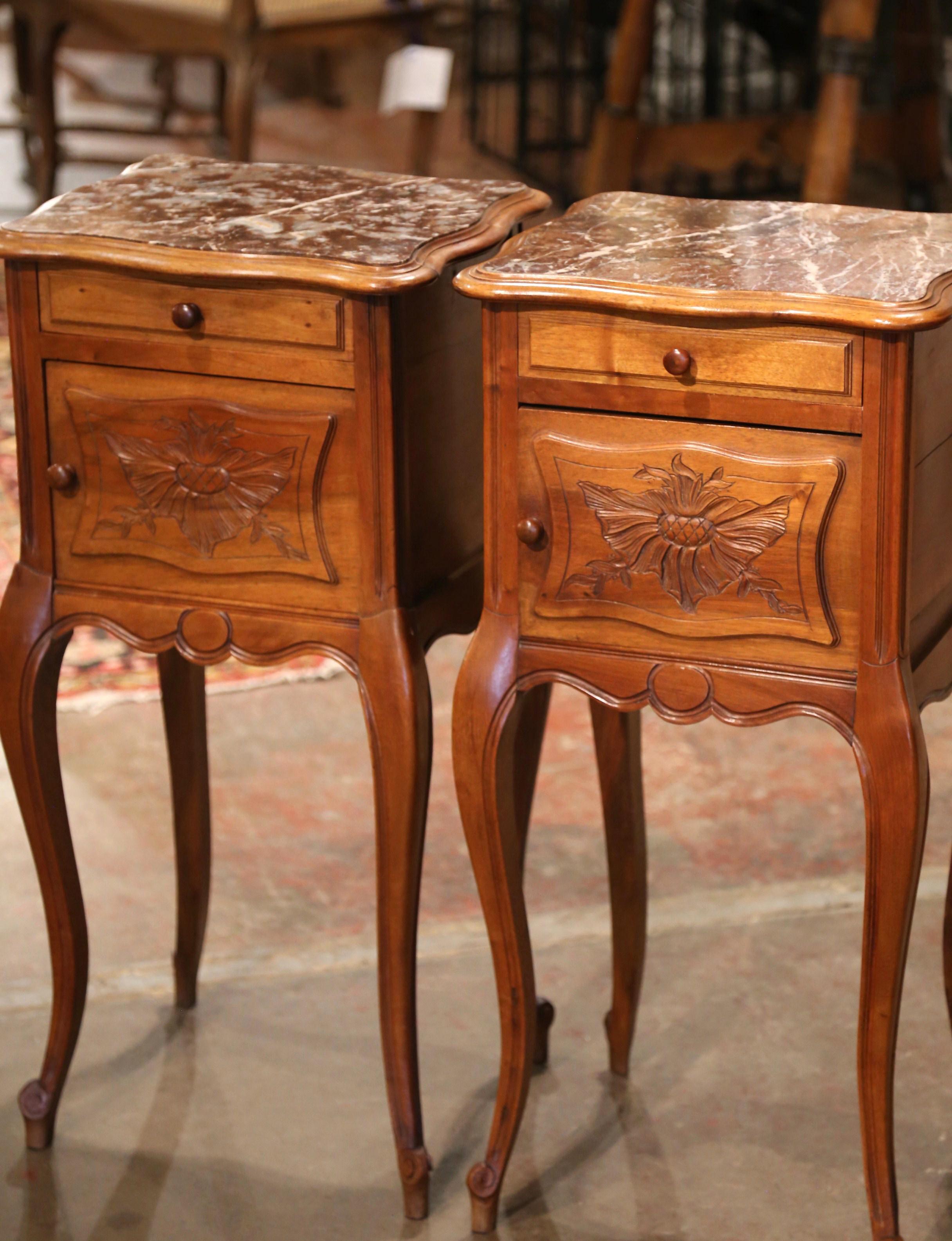 Pair of 1920's Louis XV Marble Top Carved Walnut Nightstands Bedside Tables 1