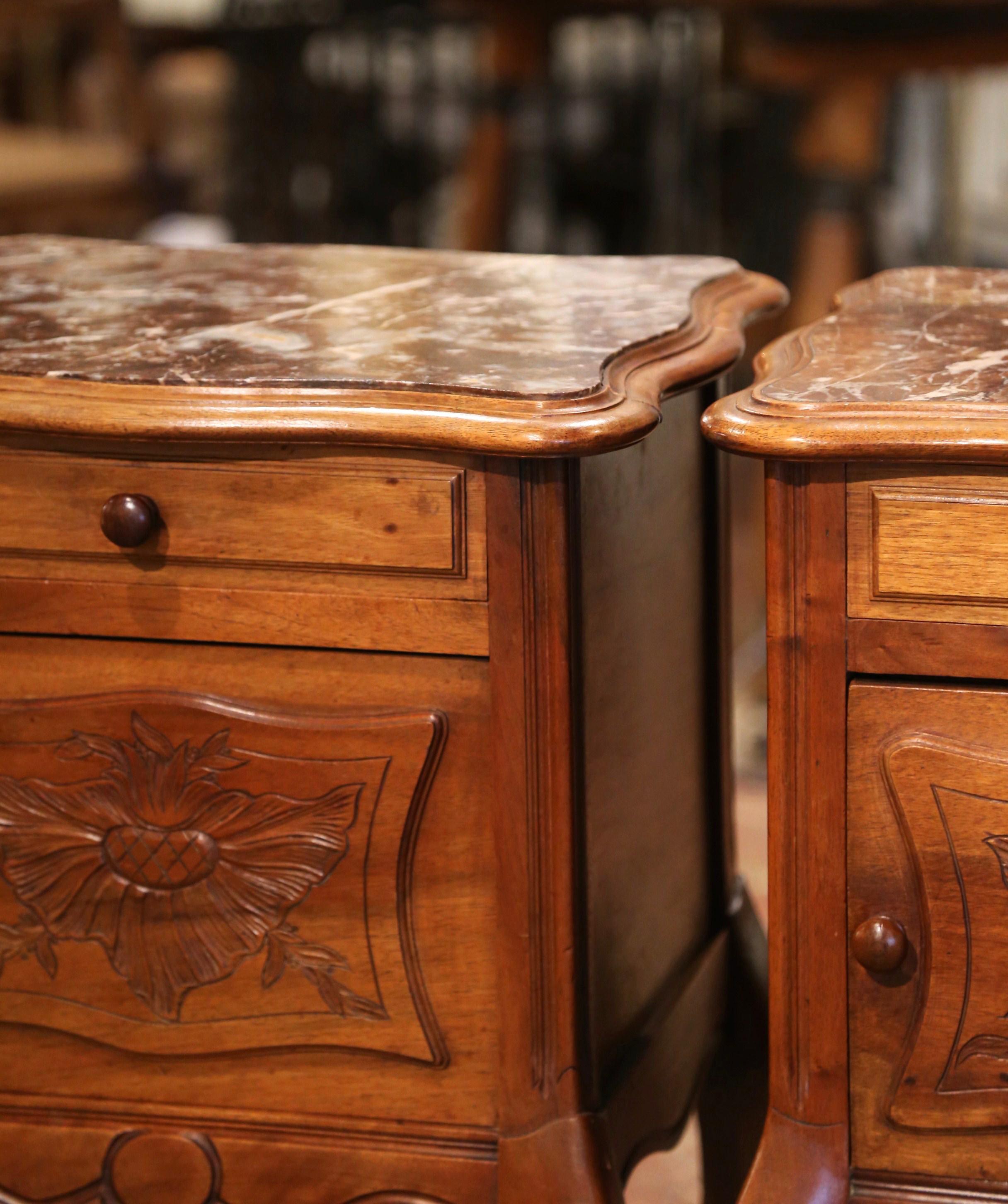 Pair of 1920's Louis XV Marble Top Carved Walnut Nightstands Bedside Tables 2
