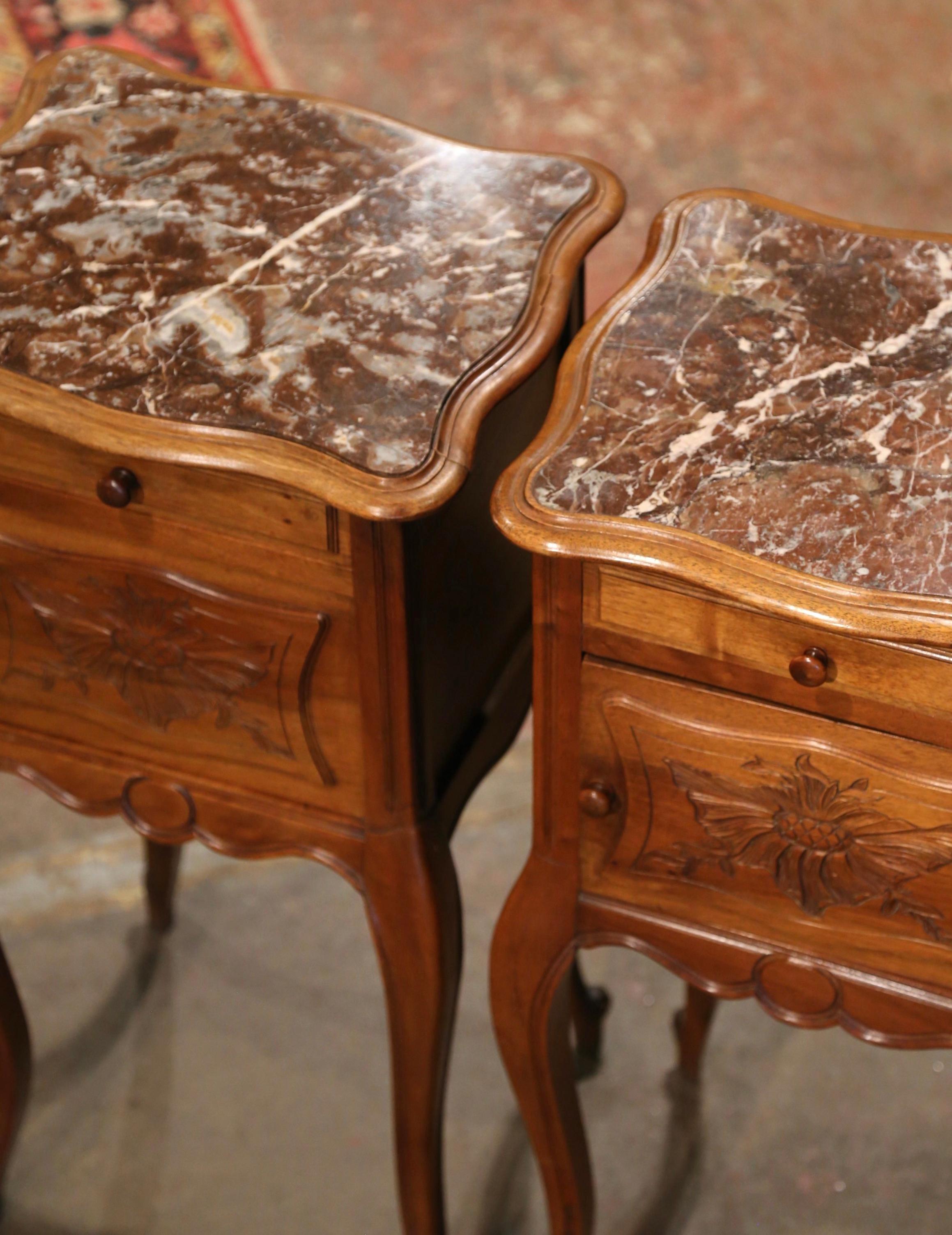Pair of 1920's Louis XV Marble Top Carved Walnut Nightstands Bedside Tables 3