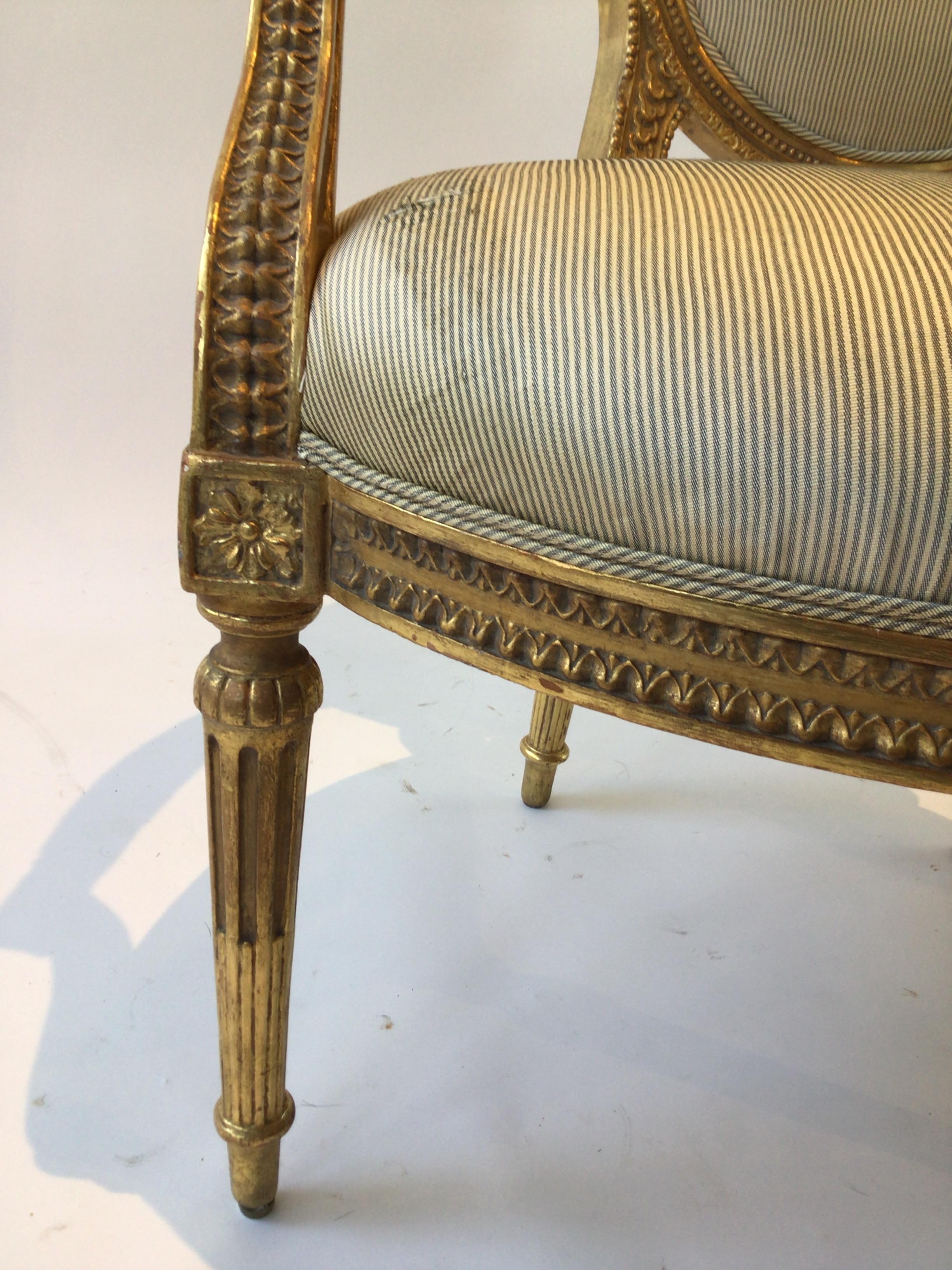 Pair of 1920s Louis XVI French Carved Wood Gilt Armchairs 6