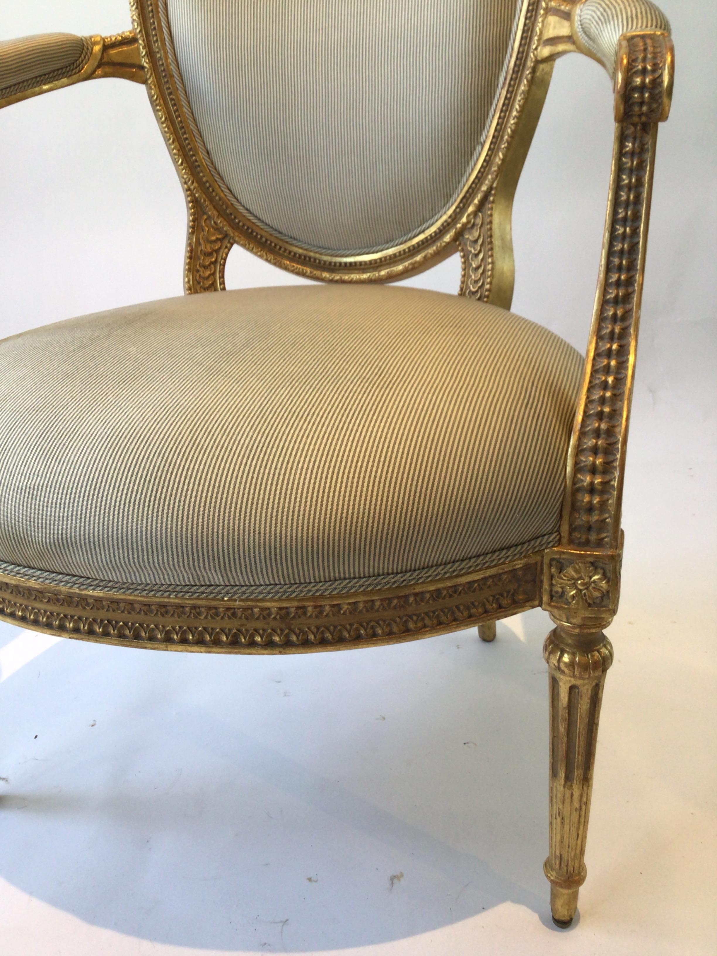 Pair of 1920s Louis XVI French Carved Wood Gilt Armchairs 7