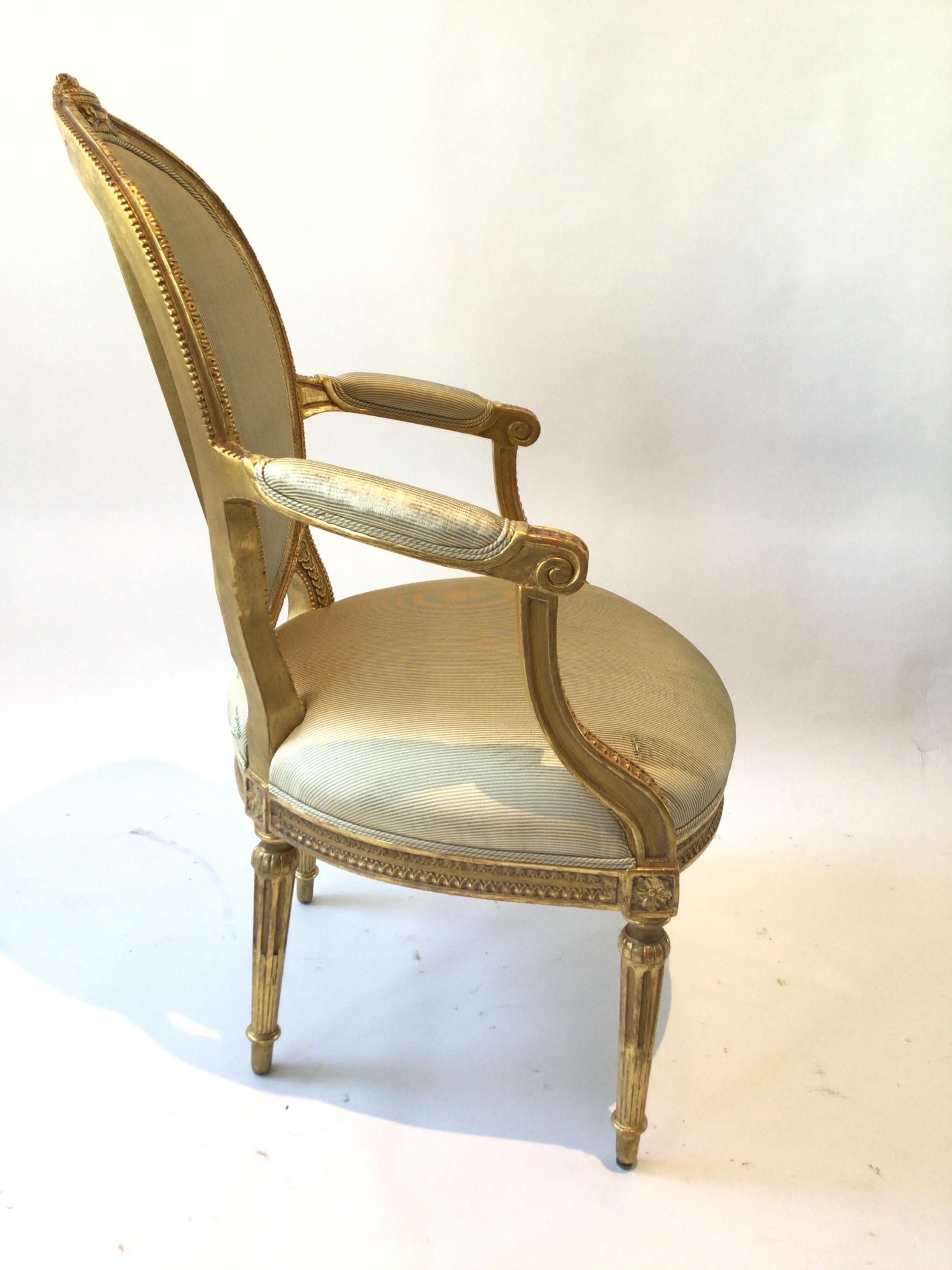 Pair of 1920s Louis XVI French Carved Wood Gilt Armchairs 2