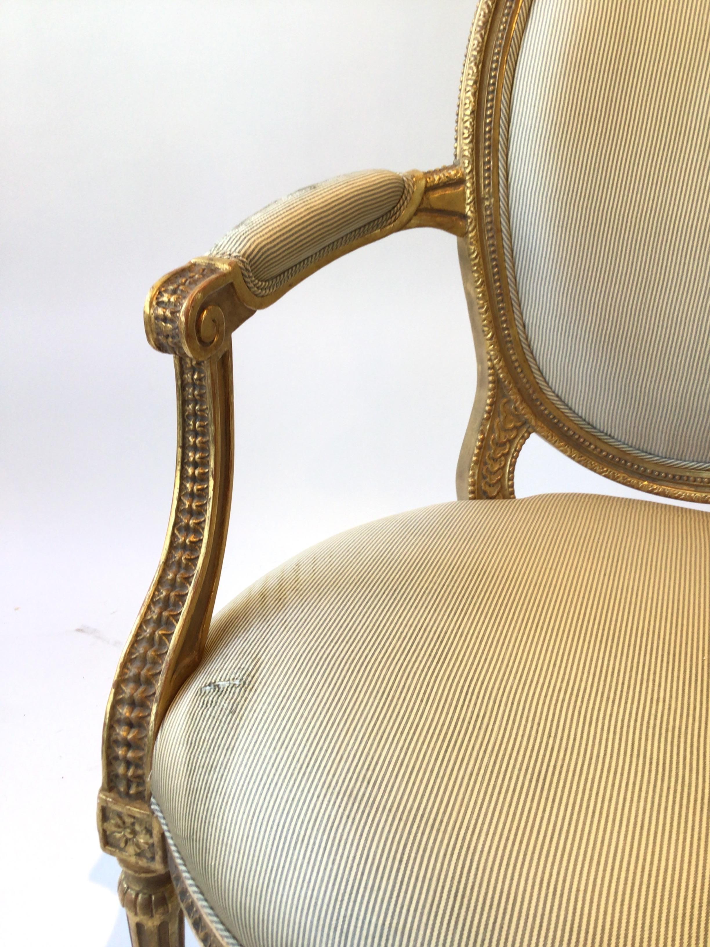 Pair of 1920s Louis XVI French Carved Wood Gilt Armchairs 5