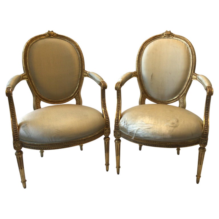 Pair of 1920s Louis XVI French Carved Wood Gilt Armchairs For Sale at ...