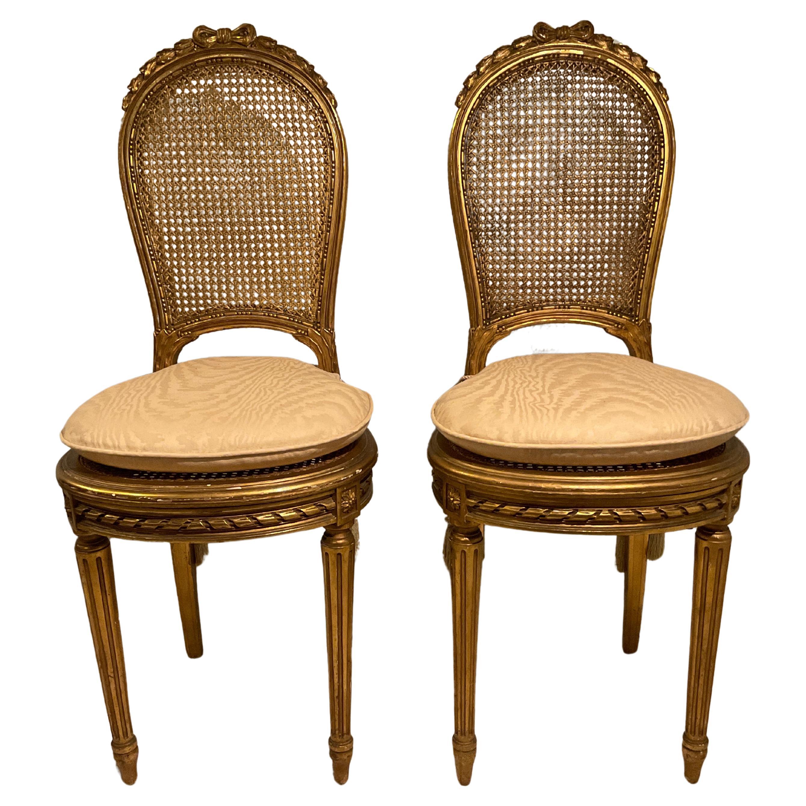 Pair of 1920s Louis XVI Gilt Wood Petite Side Chairs For Sale