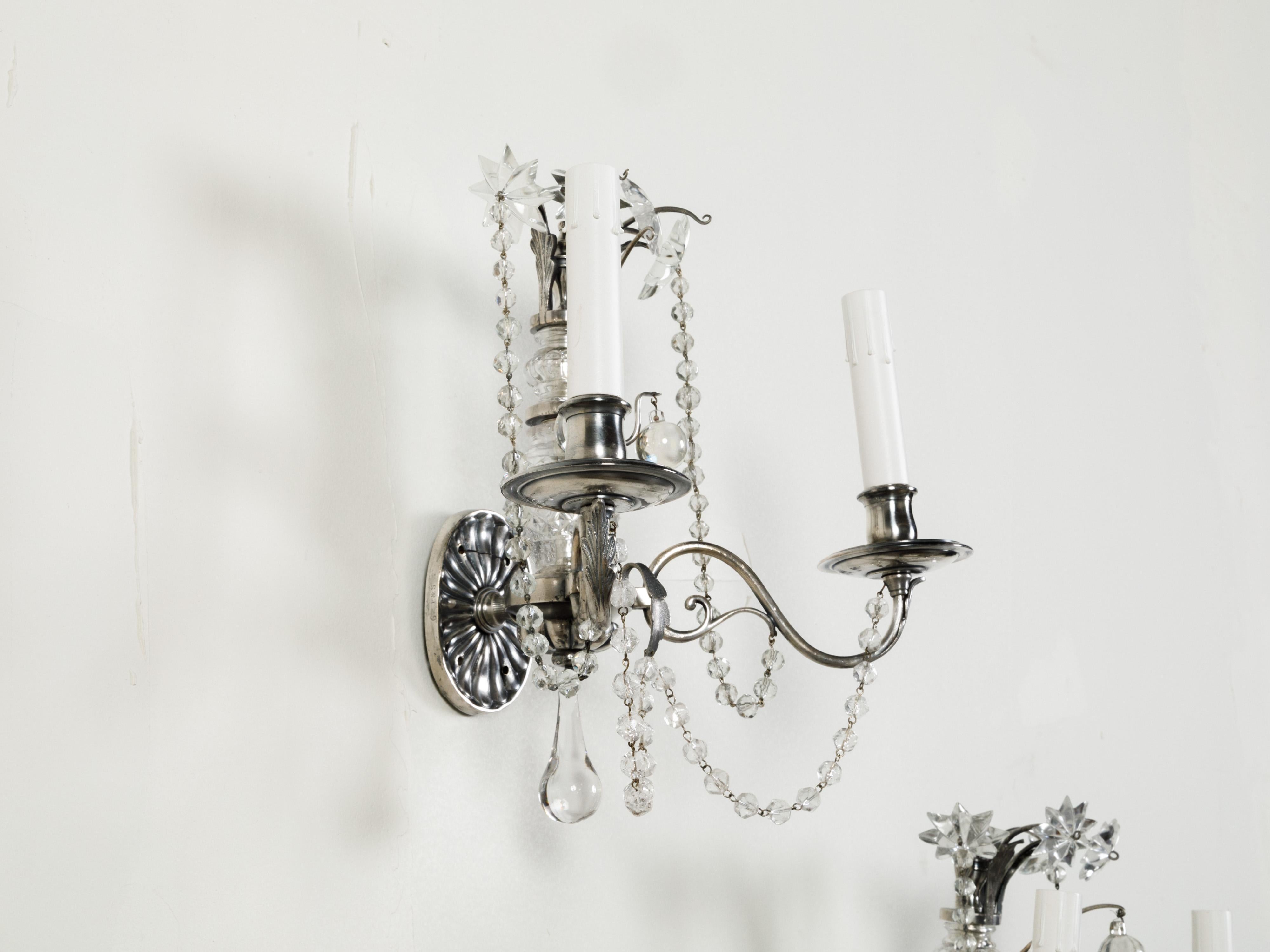 Pair of 1920s Metal and Crystal Two-Arm Wall Sconces with Beads and Rosettes For Sale 2