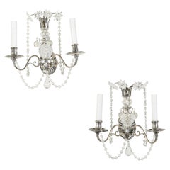 Pair of 1920s Metal and Crystal Two-Arm Wall Sconces with Beads and Rosettes