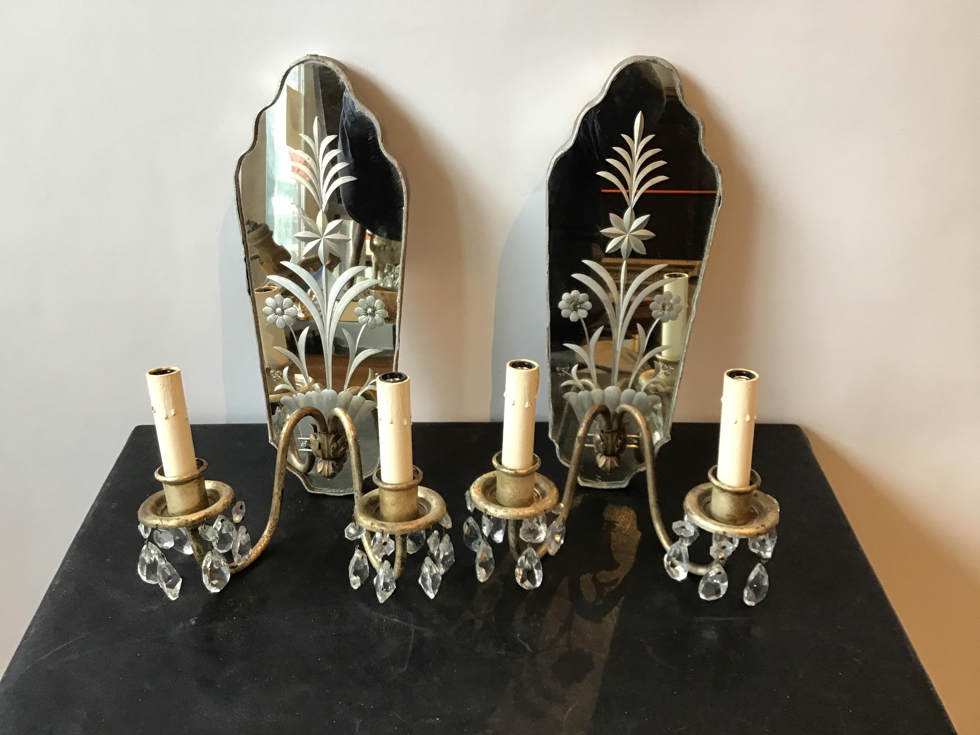 Pair of 1920s mirrored floral sconces with crystals.