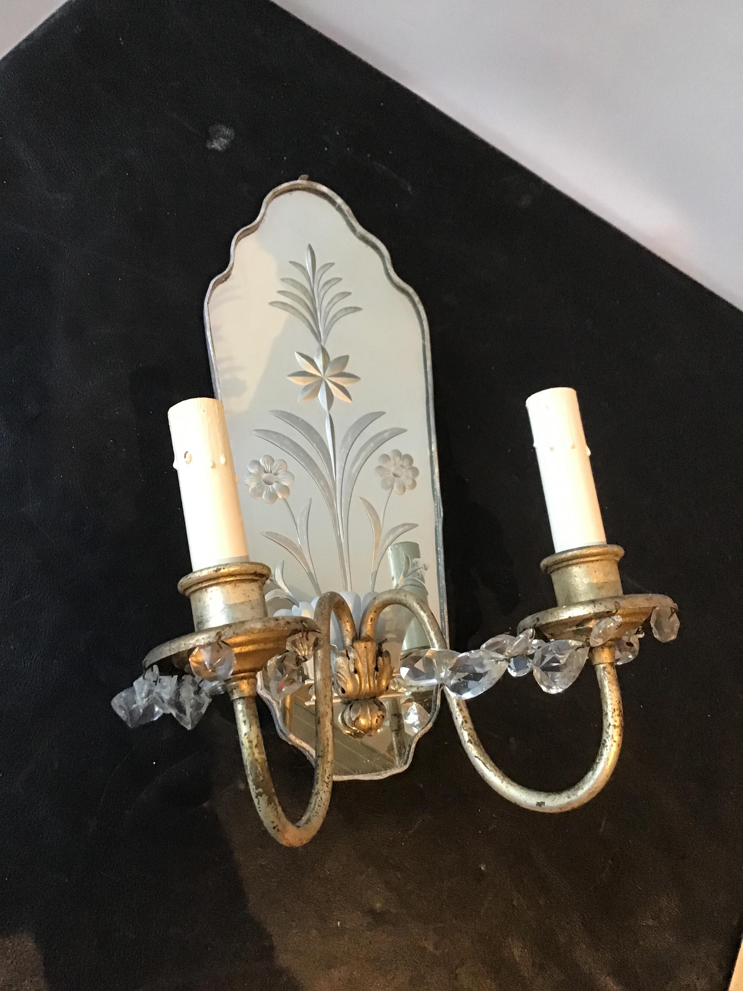 Pair of 1920s Mirrored Floral Sconces with Crystals In Good Condition In Tarrytown, NY