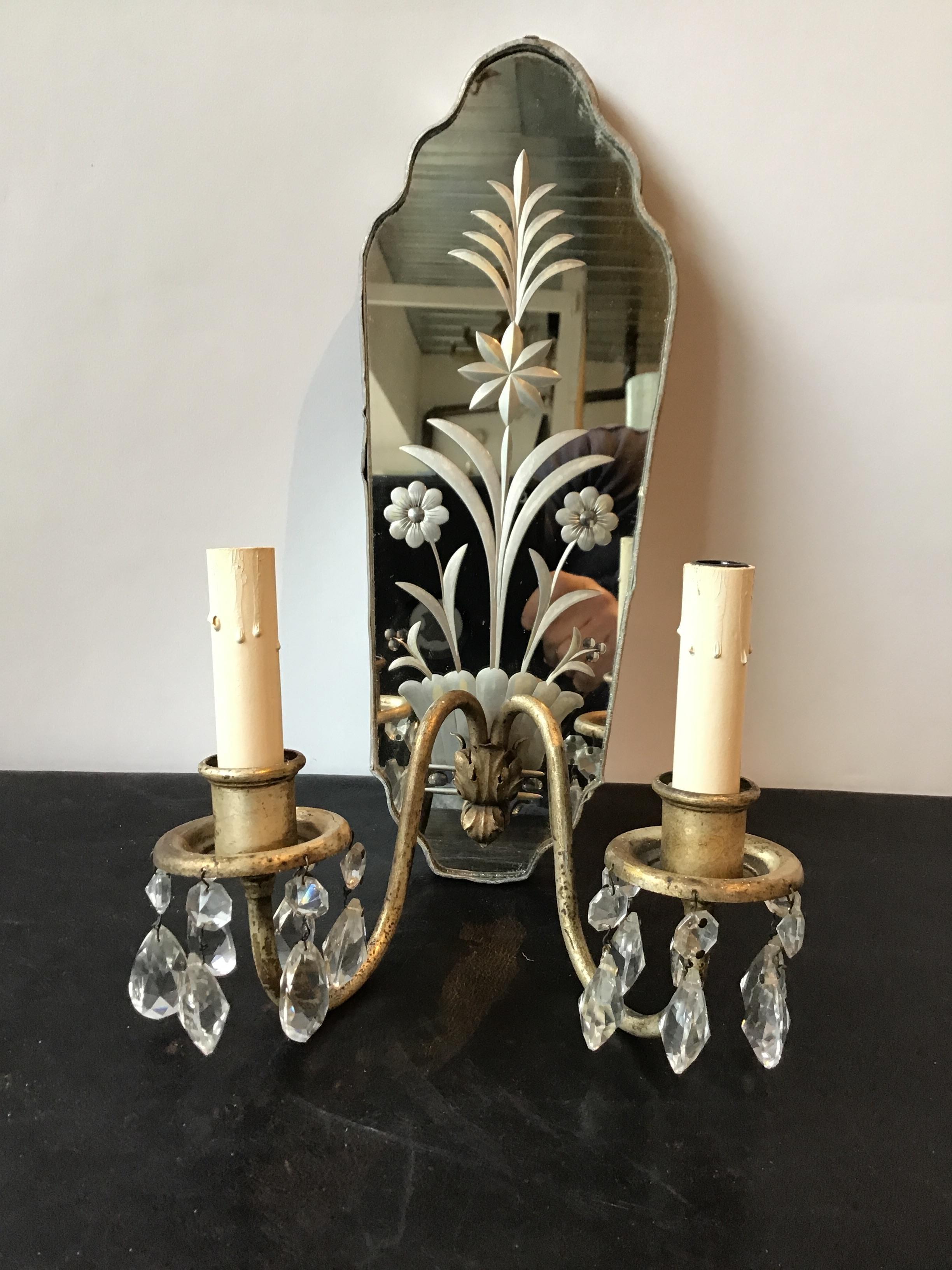 Early 20th Century Pair of 1920s Mirrored Floral Sconces with Crystals