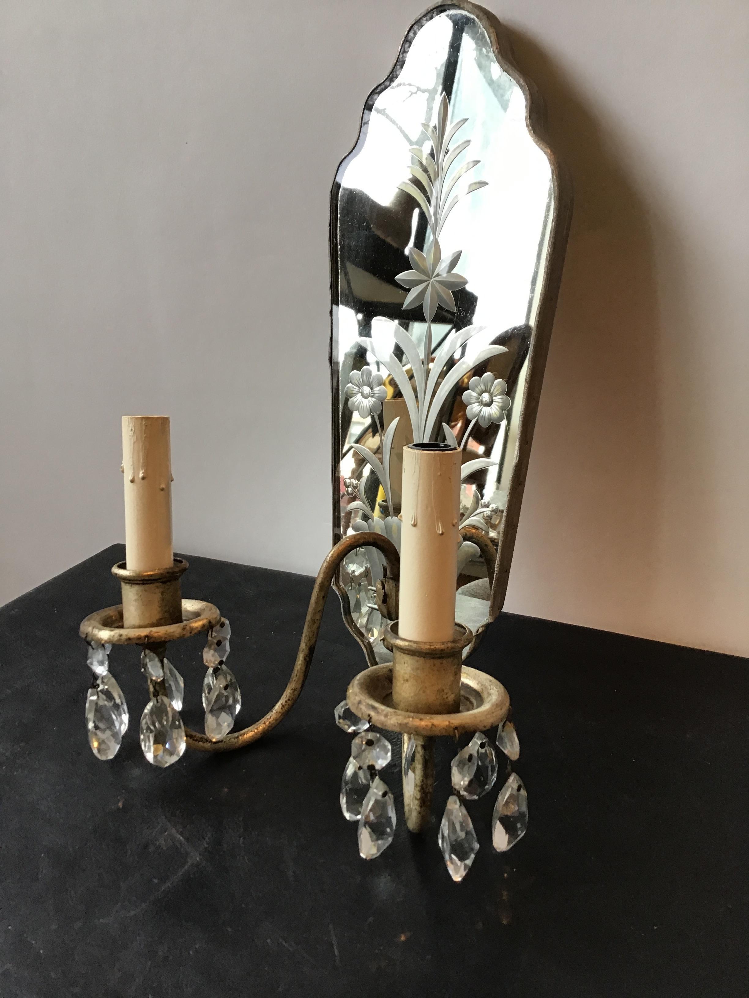 Pair of 1920s Mirrored Floral Sconces with Crystals 1