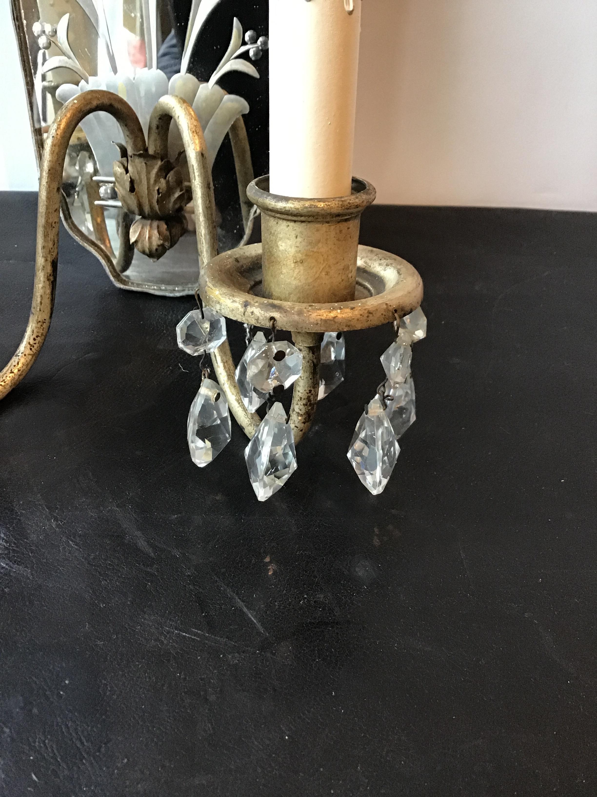 Pair of 1920s Mirrored Floral Sconces with Crystals 2