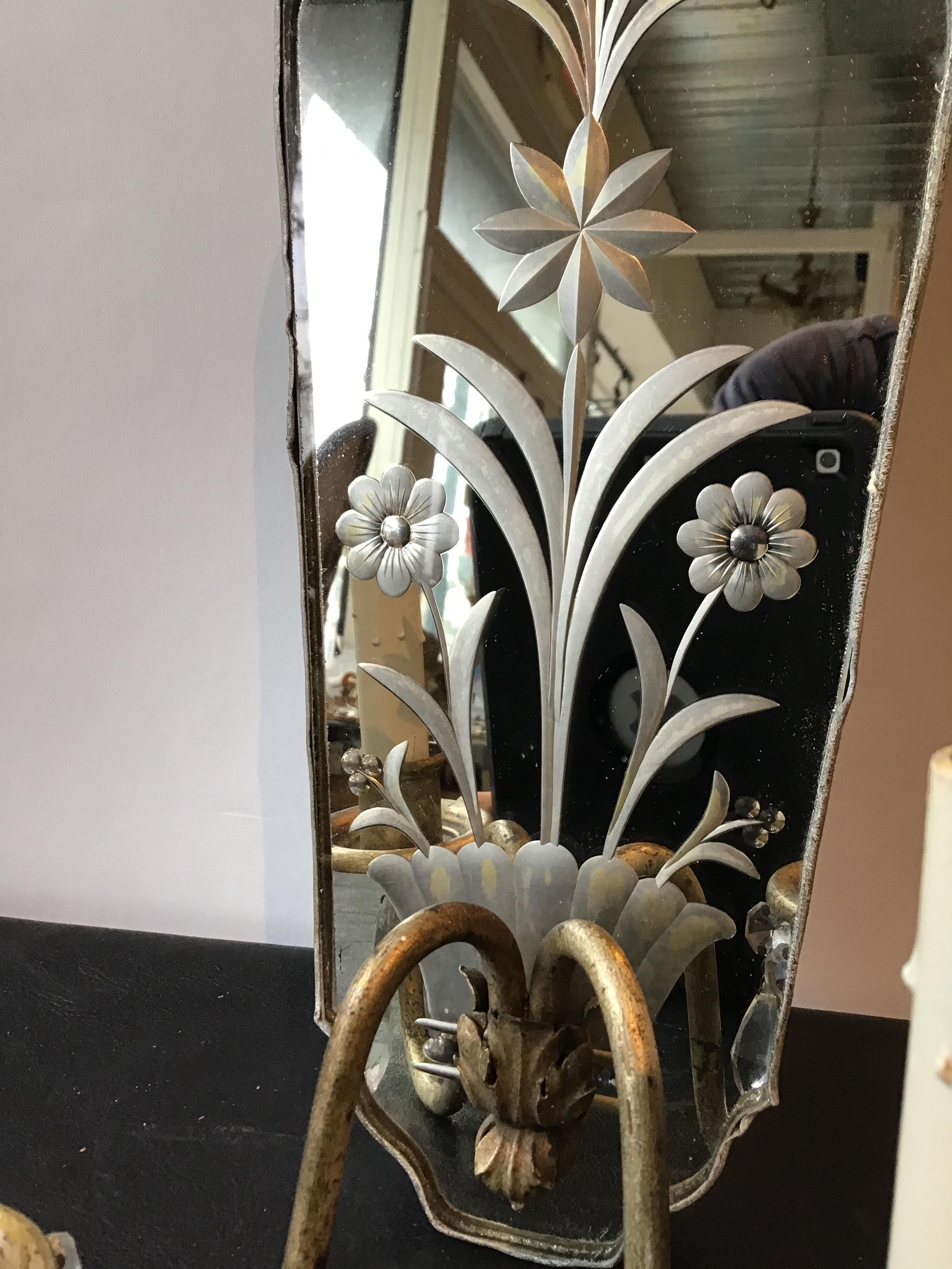 Pair of 1920s Mirrored Floral Sconces with Crystals 3