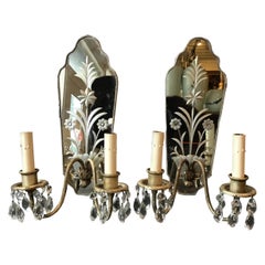 Pair of 1920s Mirrored Floral Sconces with Crystals