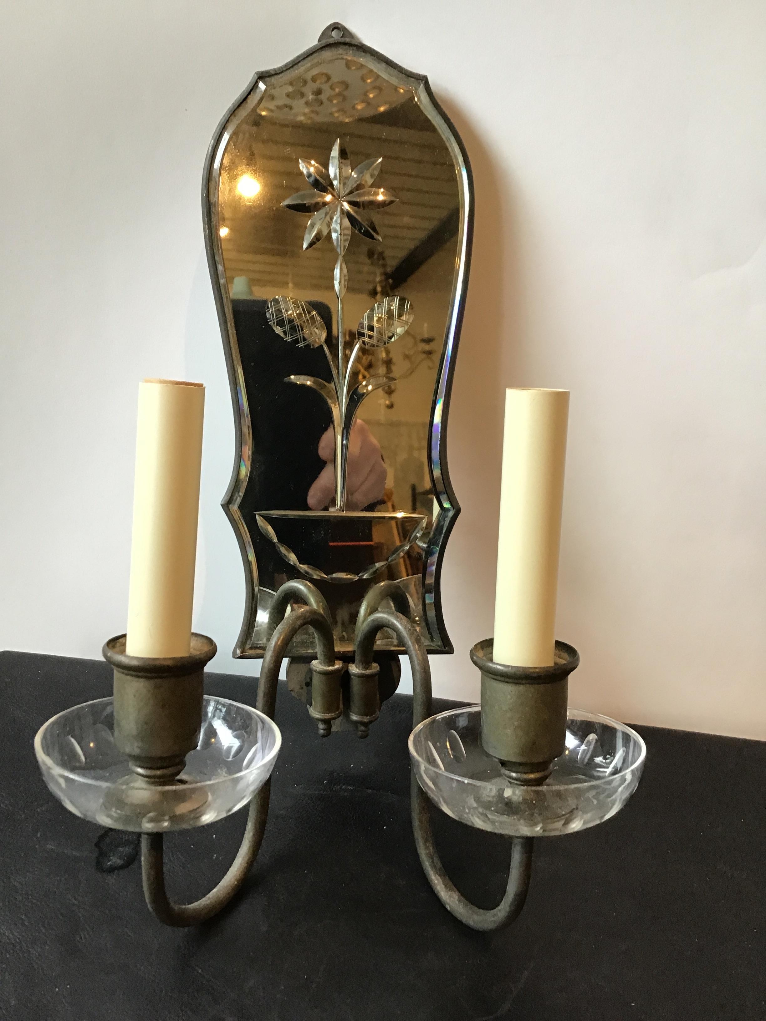 Pair of 1920s Mirrored Sconces Flower in Urn In Good Condition For Sale In Tarrytown, NY