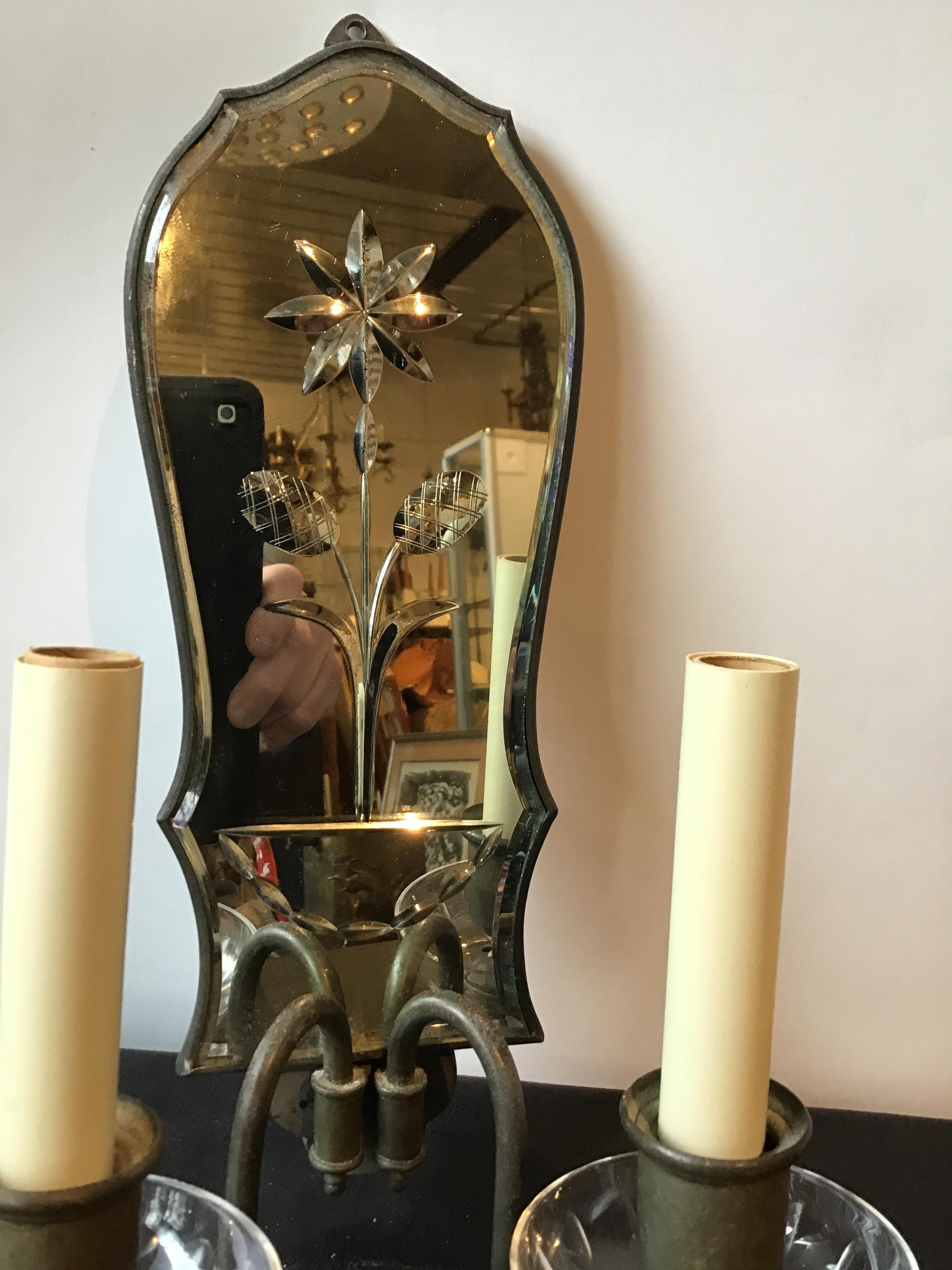 Early 20th Century Pair of 1920s Mirrored Sconces Flower in Urn For Sale