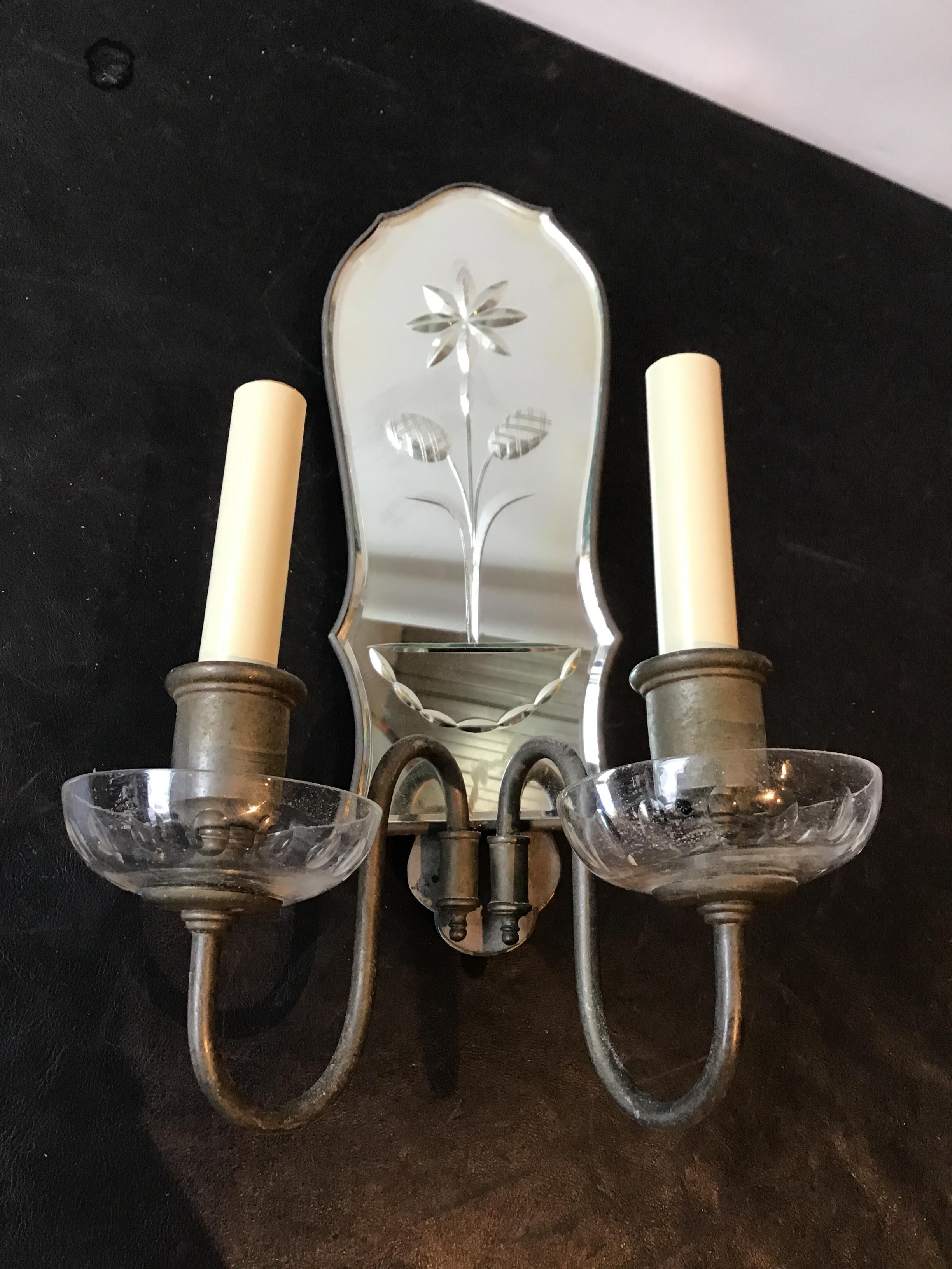 Pair of 1920s Mirrored Sconces Flower in Urn For Sale 1