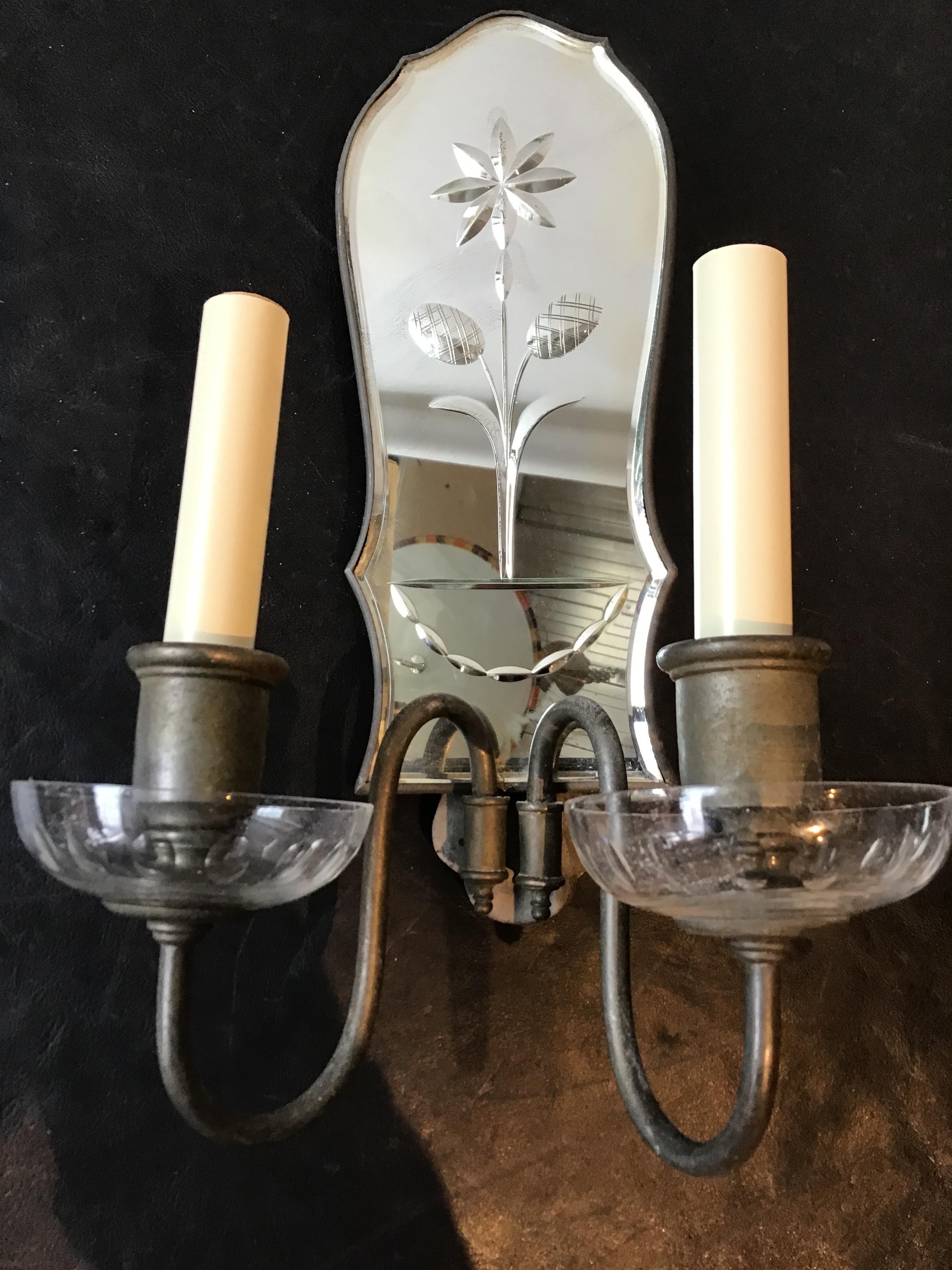 Pair of 1920s Mirrored Sconces Flower in Urn For Sale 2