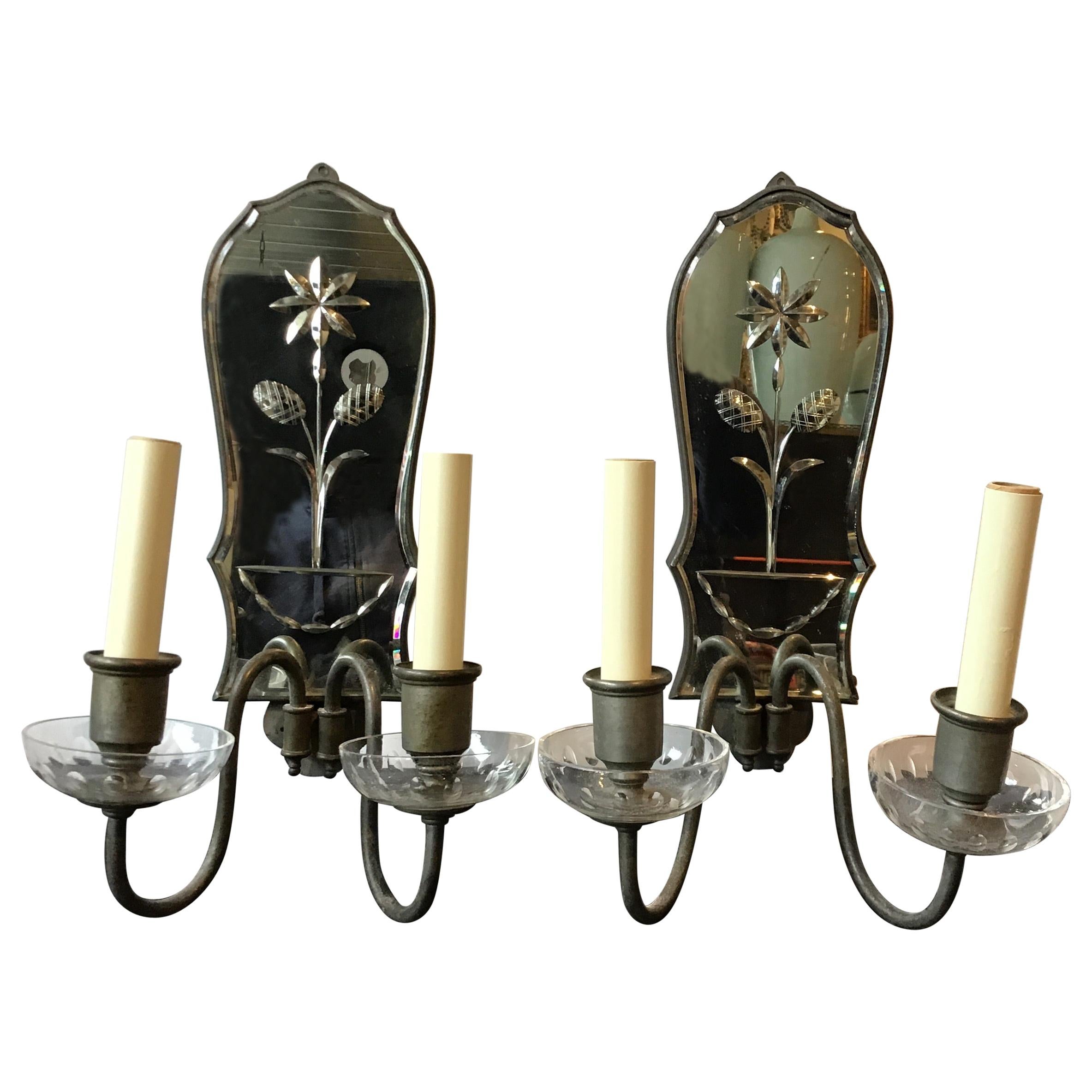Pair of 1920s Mirrored Sconces Flower in Urn