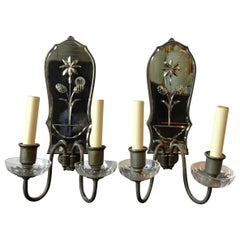 Antique Pair of 1920s Mirrored Sconces Flower in Urn