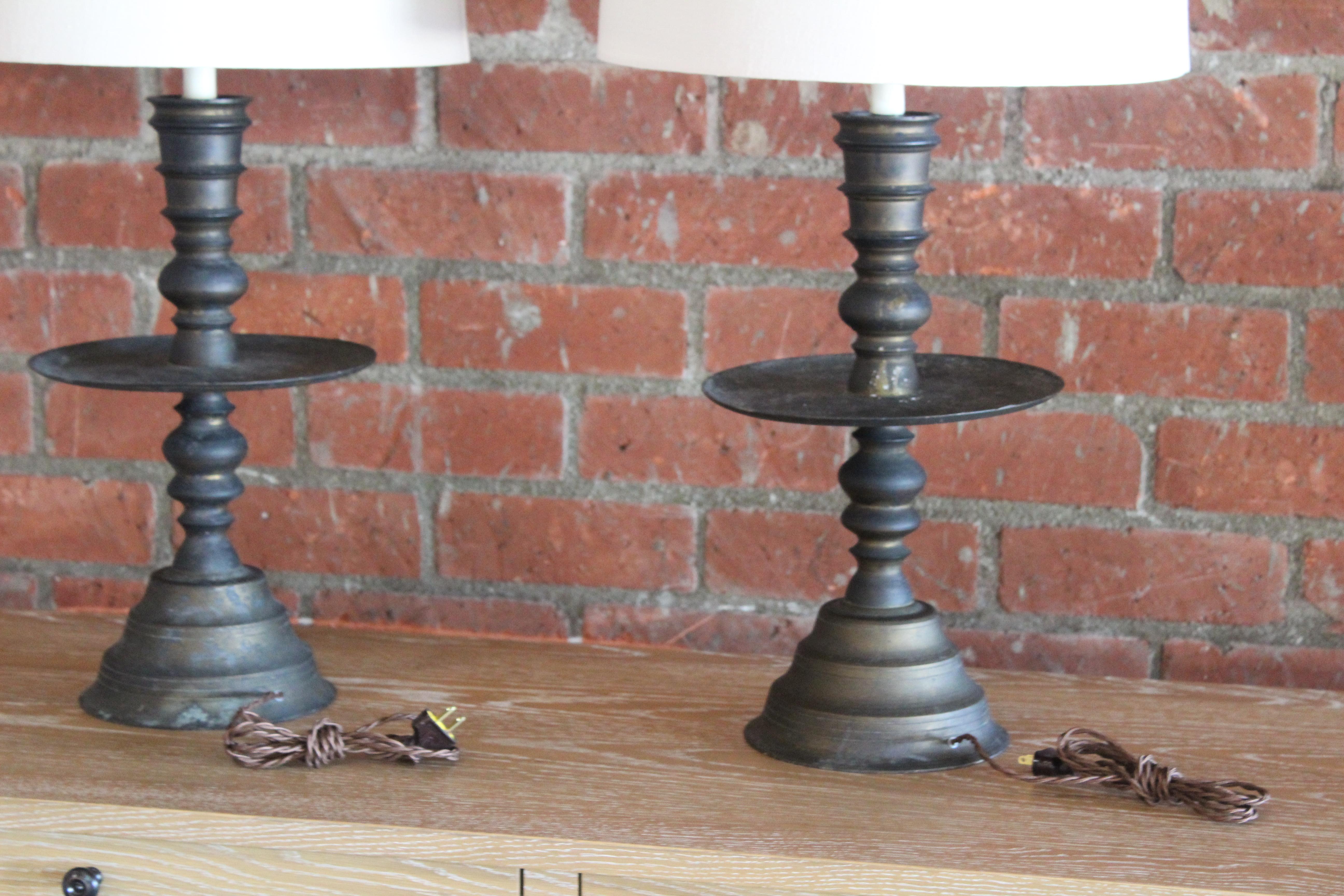 Pair of 1920s Turkish Brass Candlestick Table Lamps 9