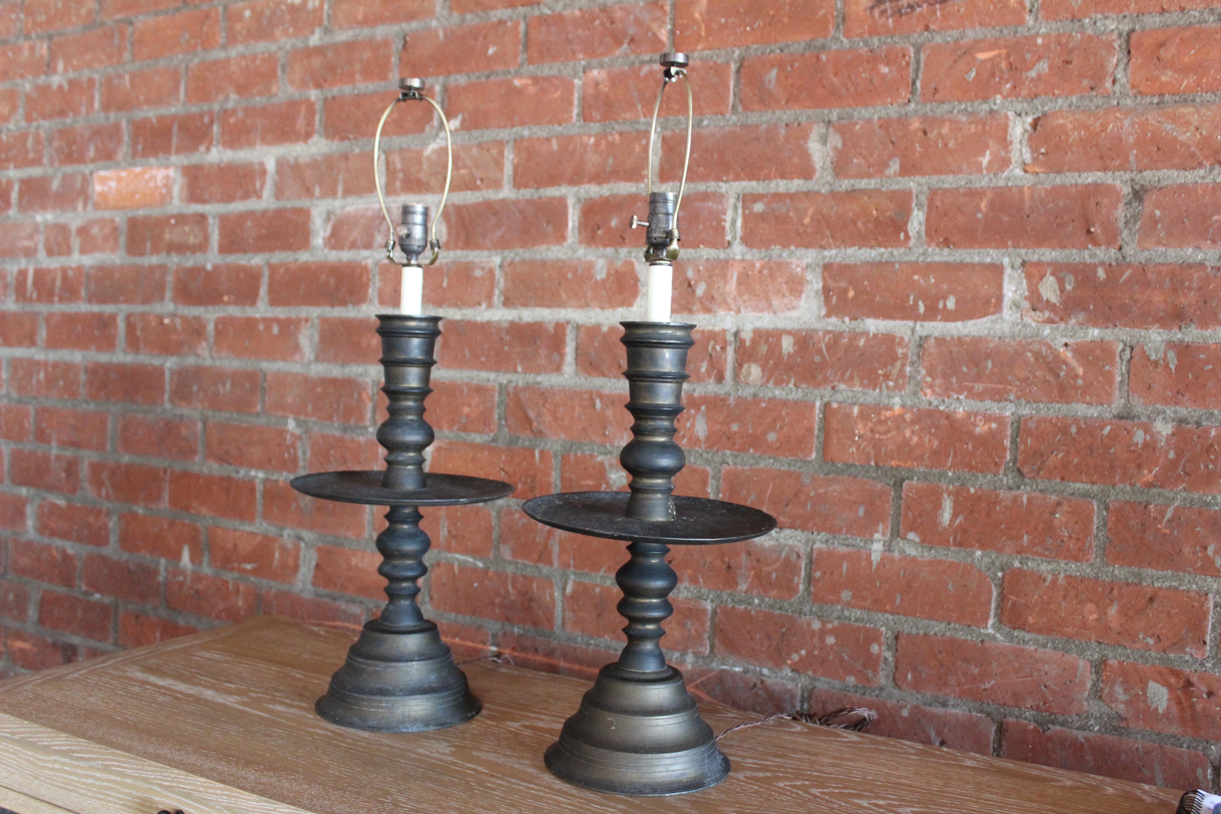 Pair of 1920s Turkish Brass Candlestick Table Lamps 12