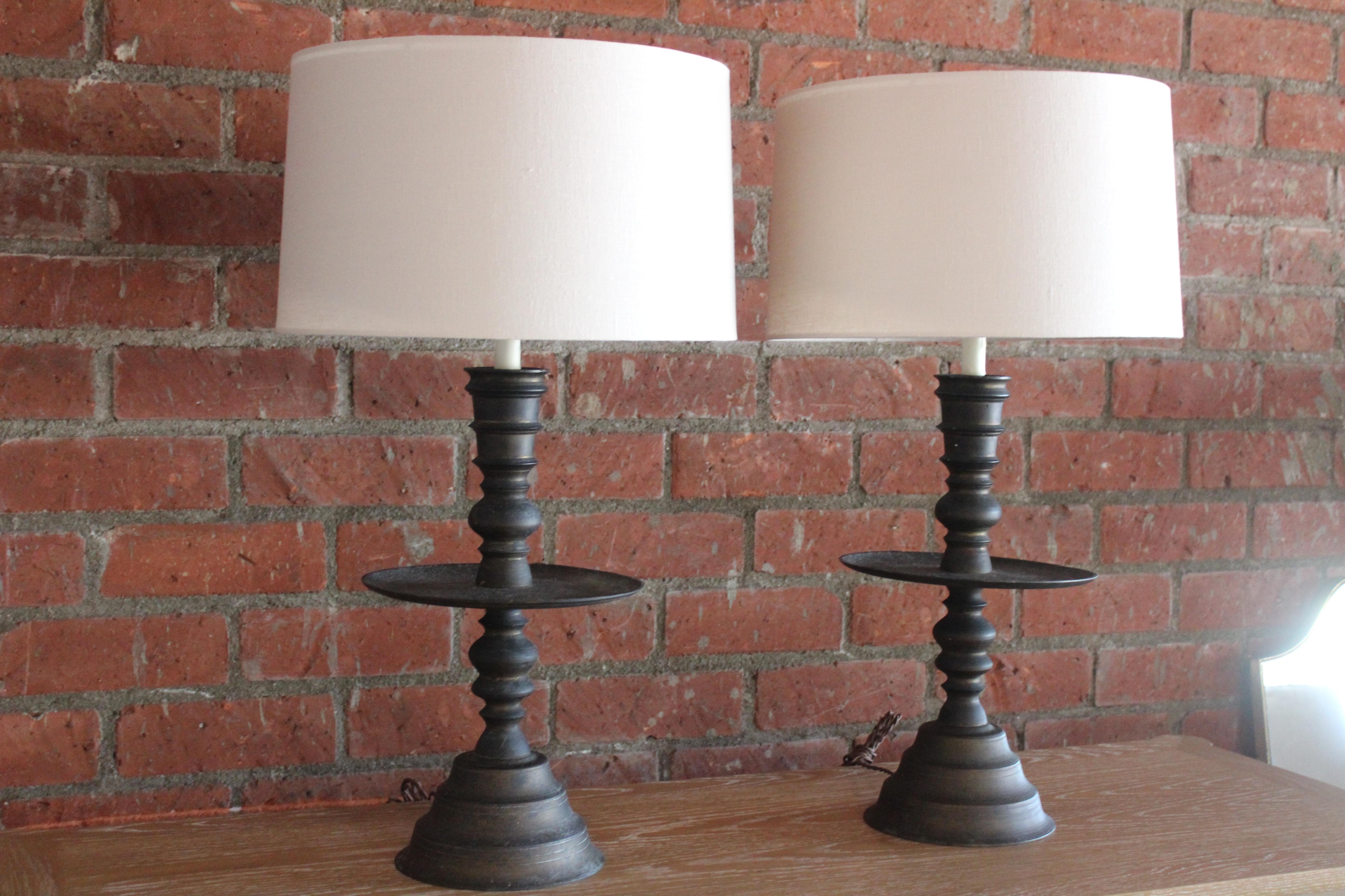 Pair of 1920s Turkish Brass Candlestick Table Lamps In Good Condition In Los Angeles, CA