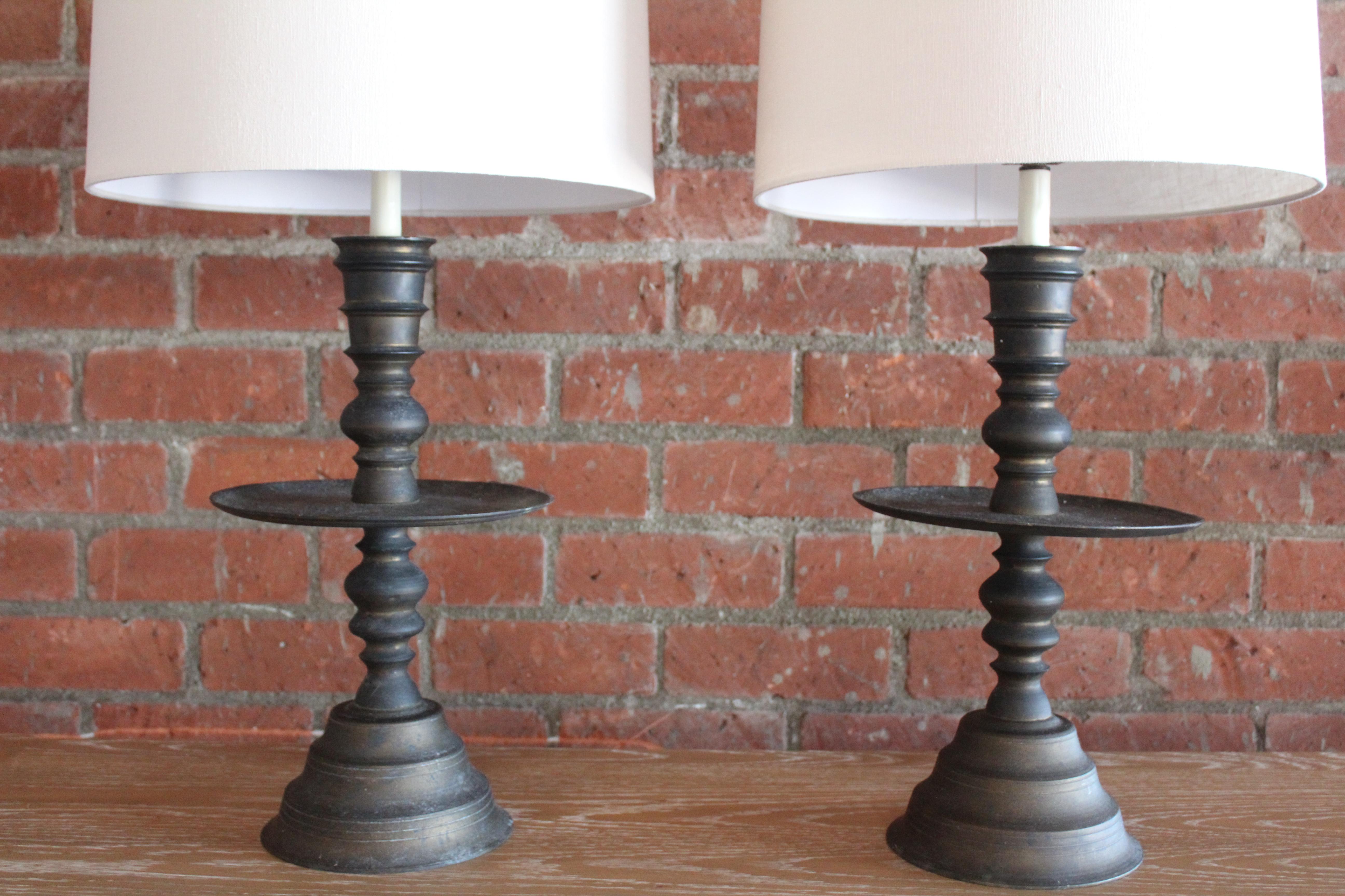 Early 20th Century Pair of 1920s Turkish Brass Candlestick Table Lamps
