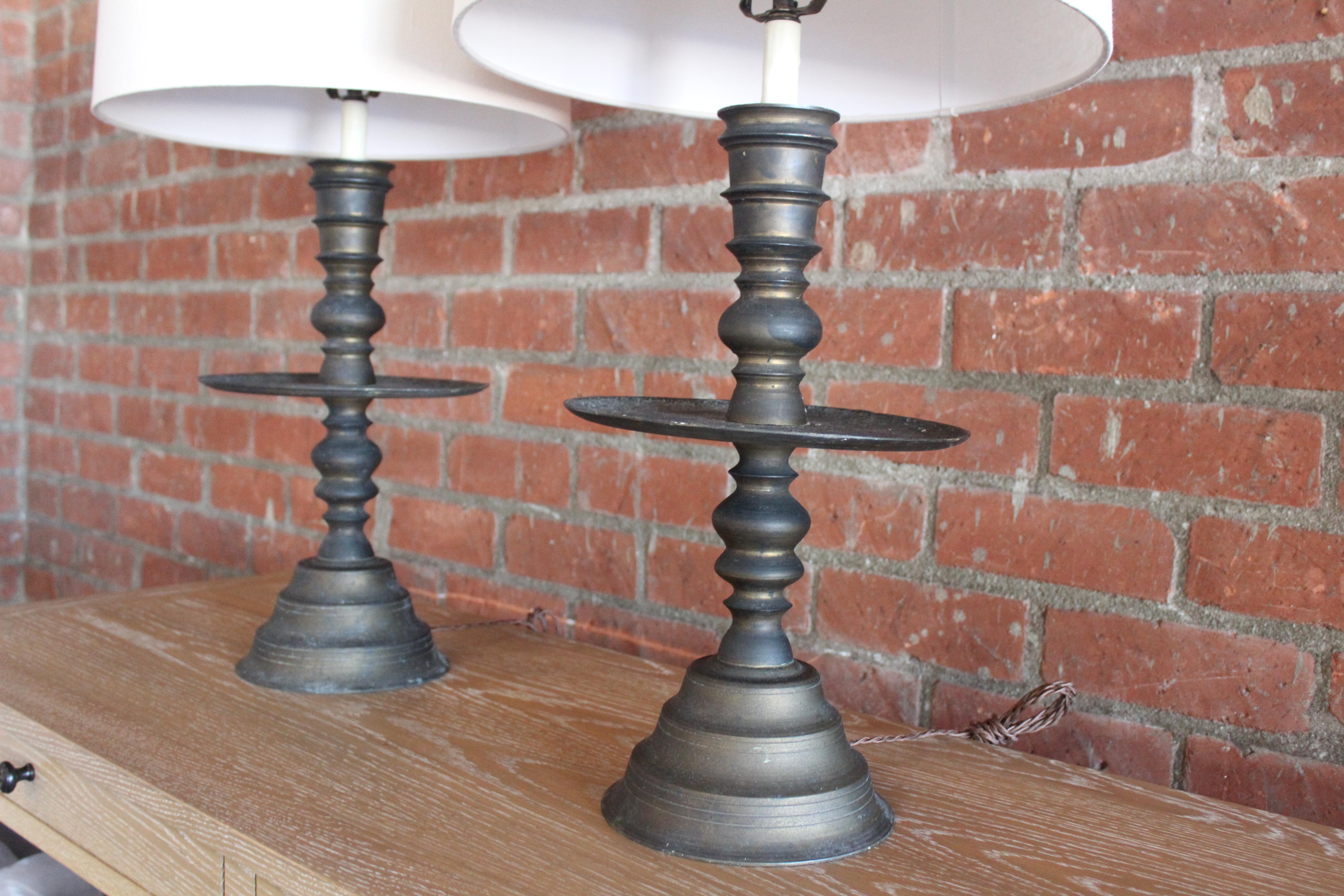 Pair of 1920s Turkish Brass Candlestick Table Lamps 2