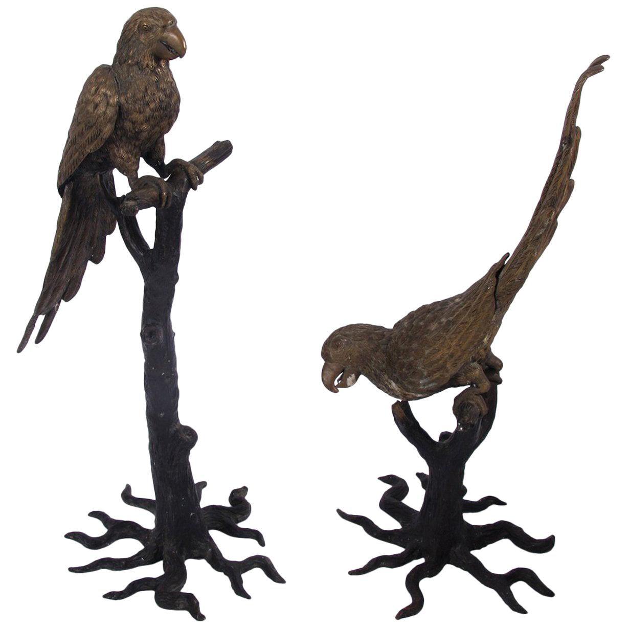 Pair of 1920s Naturalistic Gothic Painted Brass Parrot Bird Sculptures For Sale