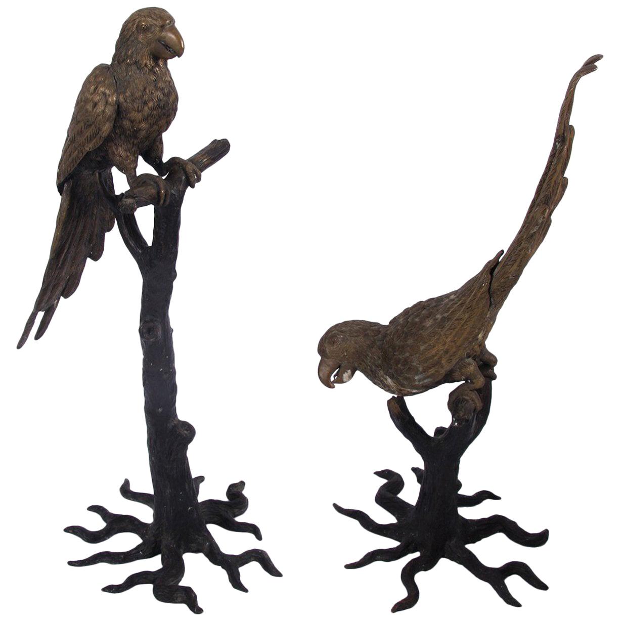Pair of 1920s Naturalistic Gothic Painted Brass Parrot Bird Sculptures ...