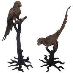 Pair of 1920s Naturalistic Gothic Painted Brass Parrot Bird Sculptures