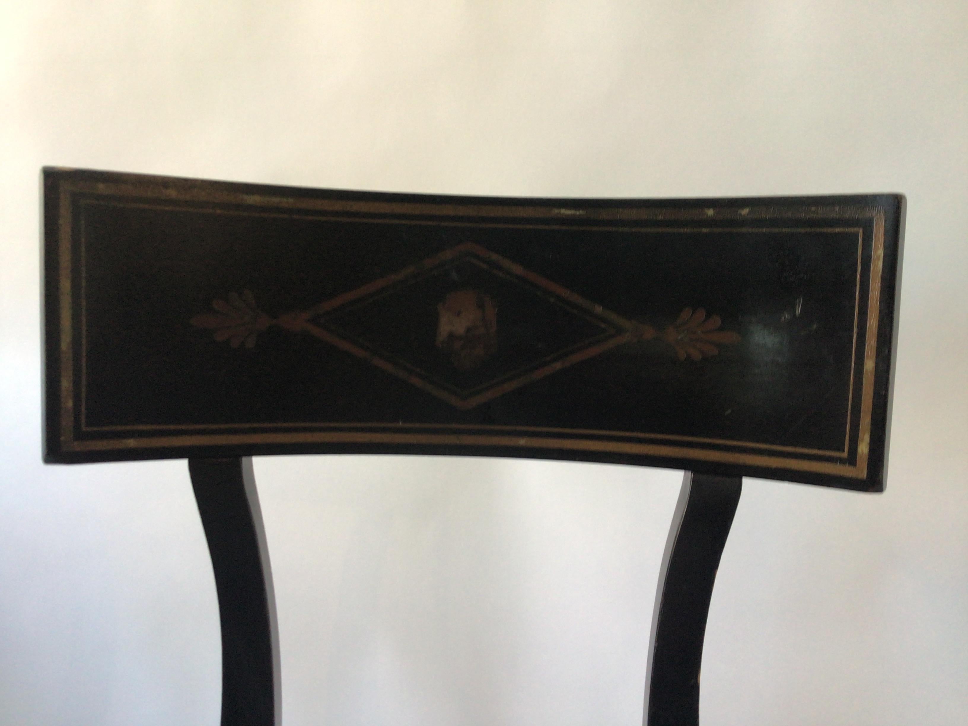 Early 20th Century Pair of 1920s Neo Classical Black Klismos Chairs, Painted Classical Motif