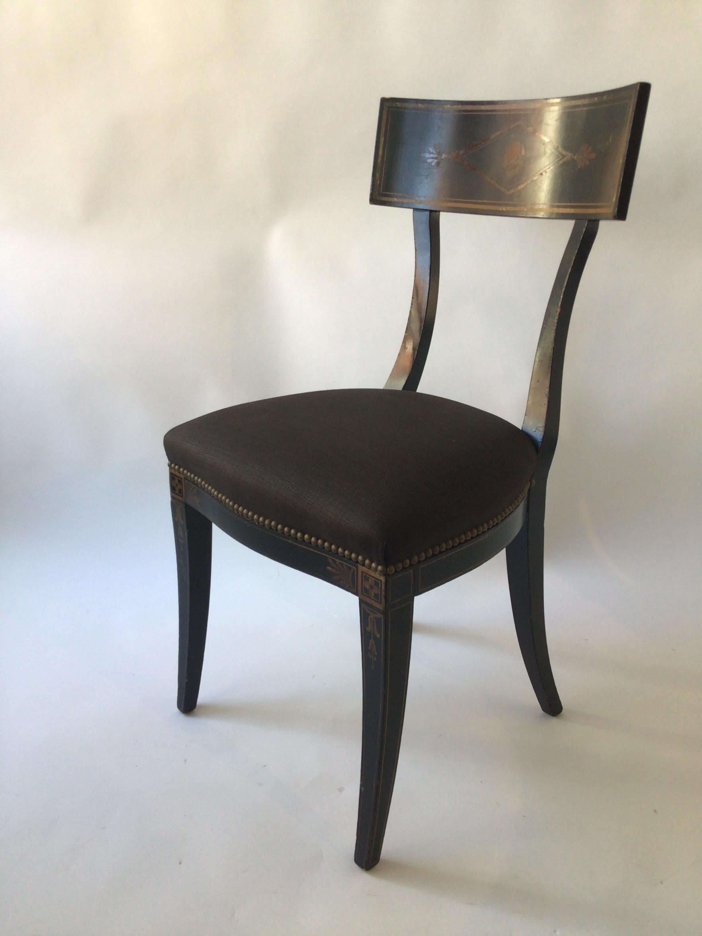 Wood Pair of 1920s Neo Classical Black Klismos Chairs, Painted Classical Motif