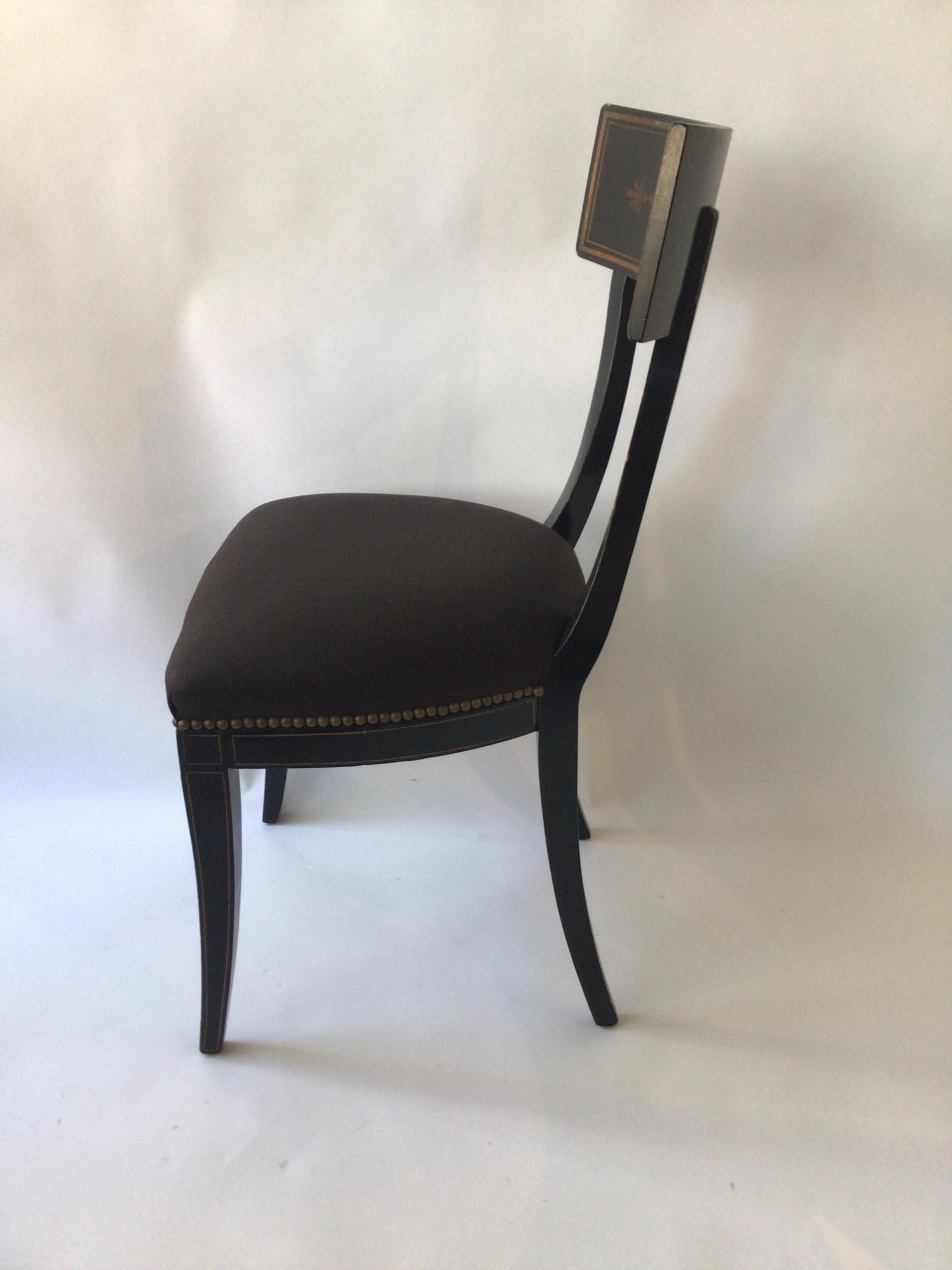 Pair of 1920s Neo Classical Black Klismos Chairs, Painted Classical Motif 1