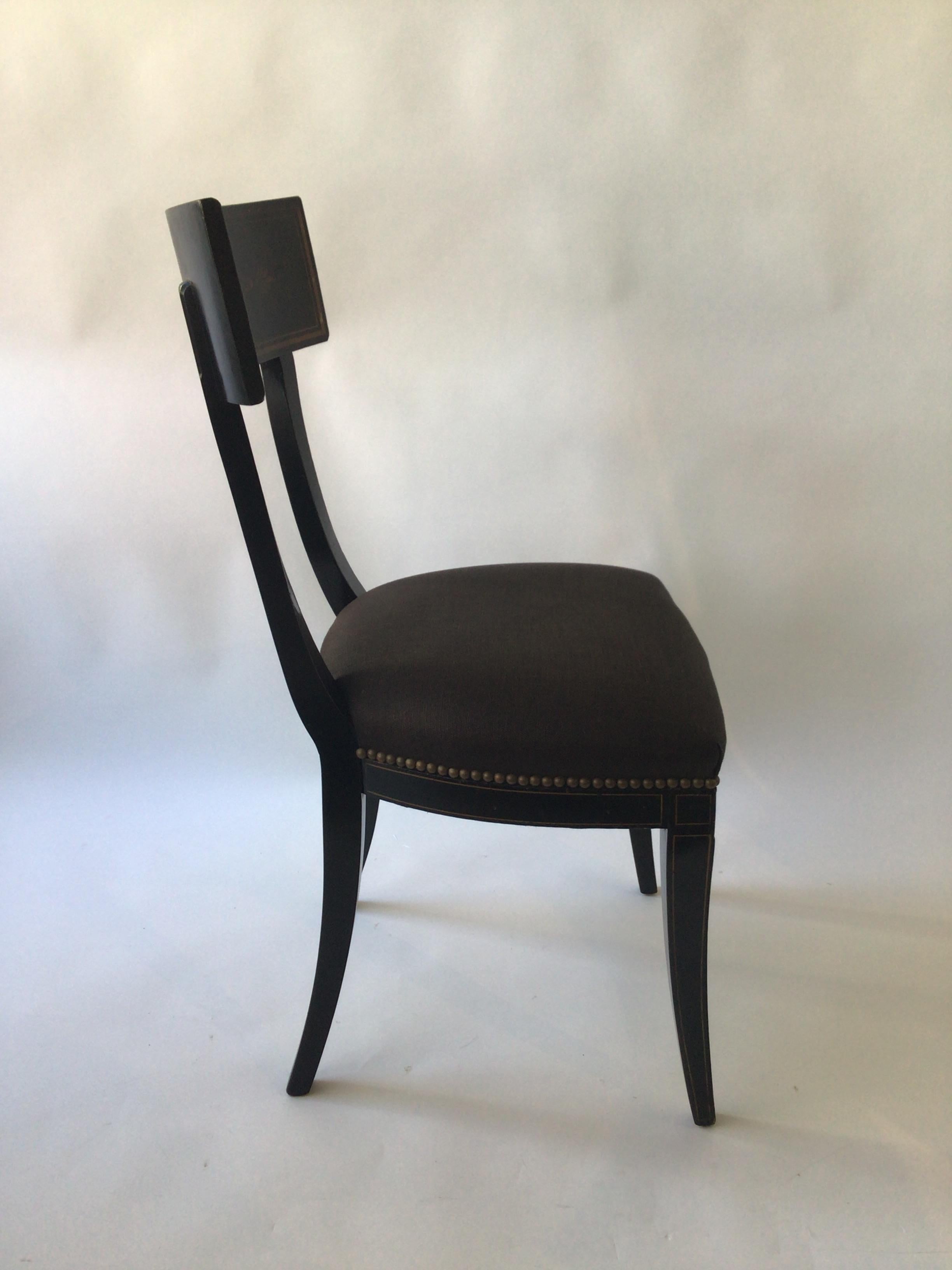 Pair of 1920s Neo Classical Black Klismos Chairs, Painted Classical Motif 3