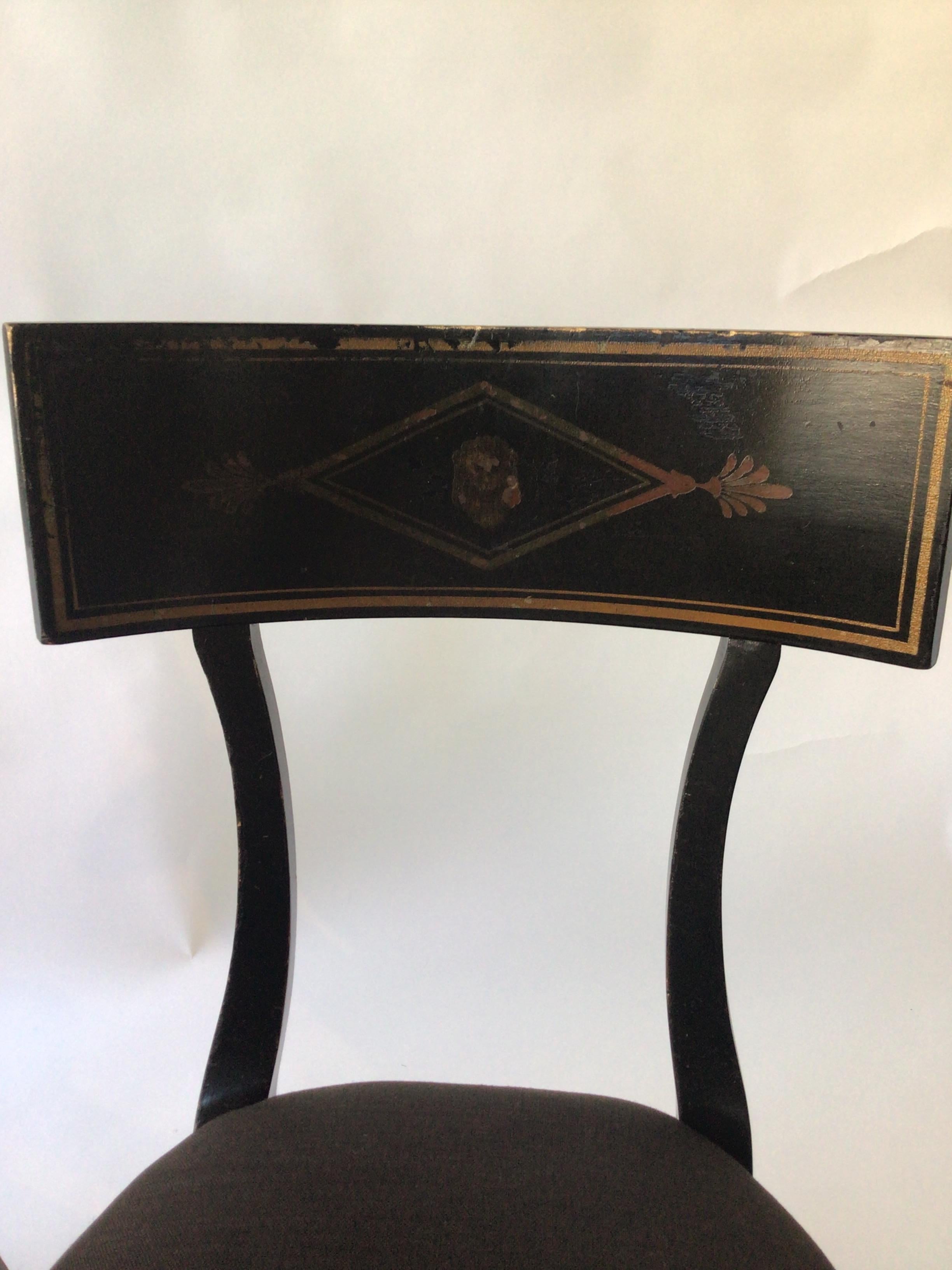 Pair of 1920s Neo Classical Black Klismos Chairs, Painted Classical Motif 4