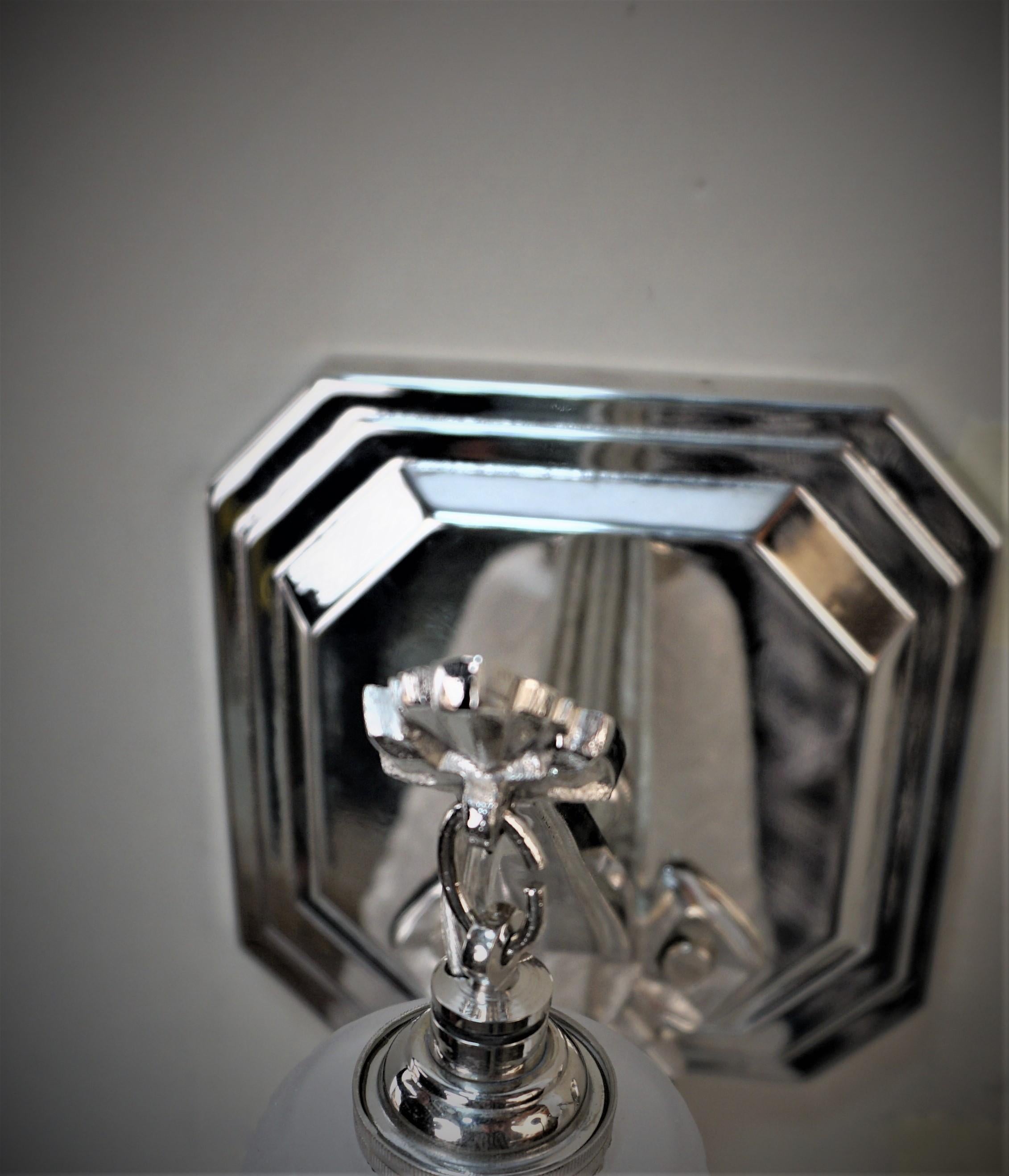 Pair of 1920s Nickel and Frost Glass Art Deco Wall Sconces 3