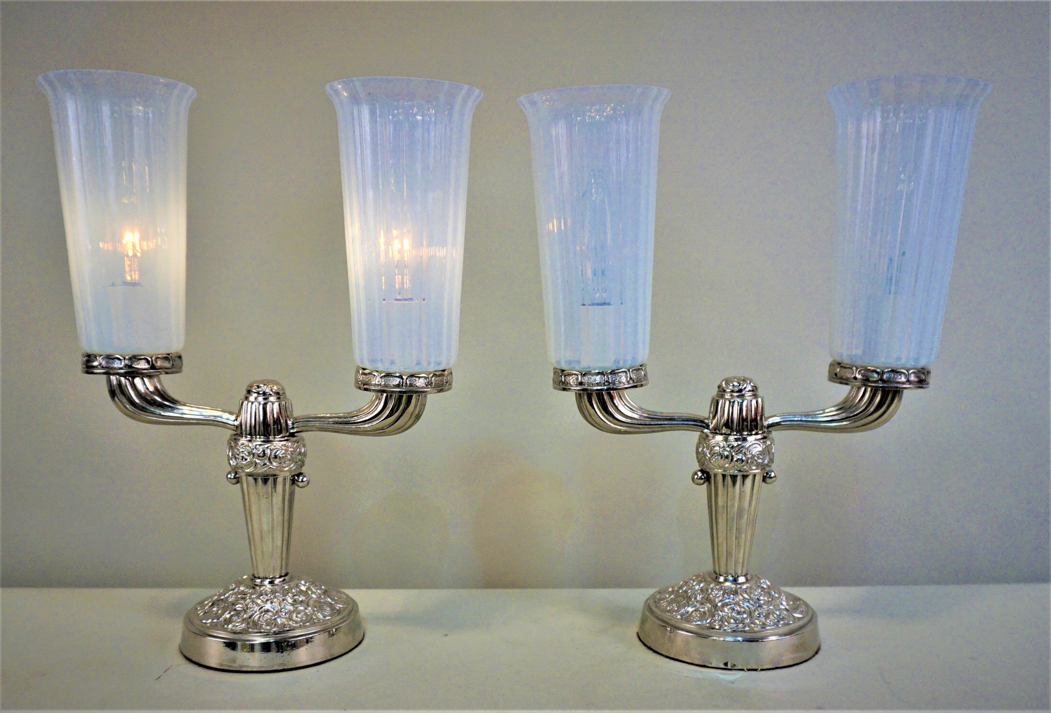 Pair of candelabra style Art Deco nickel on bronze with opaline glass table lamps.